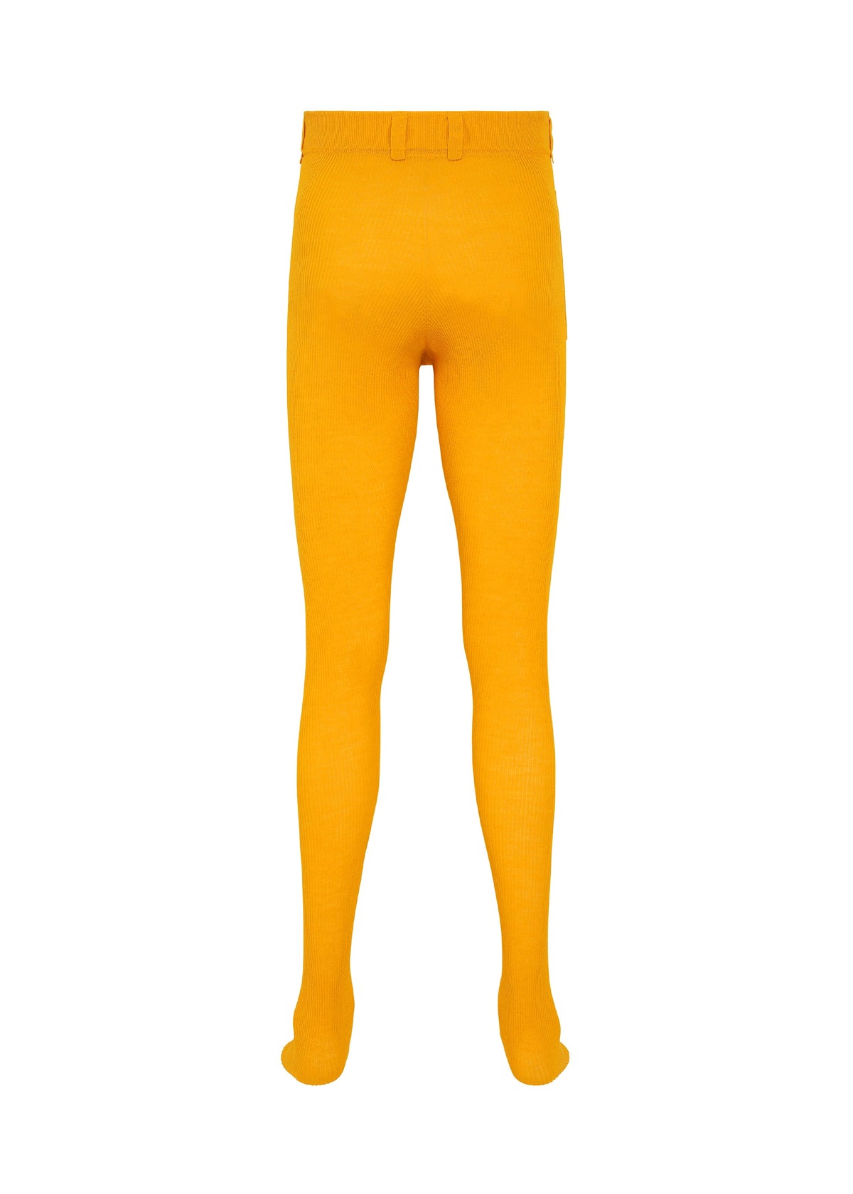 KNIT UNRAVELED tights by HOMME PLISSÉ ISSEY MIYAKE, shown in bright yellow against a white background and viewed from the back, feature a fitted waistband and closed feet. Expertly crafted using the knit-de-knit process, these tights deliver outstanding comfort and durability. view 3 of 6