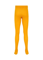 KNIT UNRAVELED tights by HOMME PLISSÉ ISSEY MIYAKE, shown in bright yellow against a white background and viewed from the back, feature a fitted waistband and closed feet. Expertly crafted using the knit-de-knit process, these tights deliver outstanding comfort and durability.