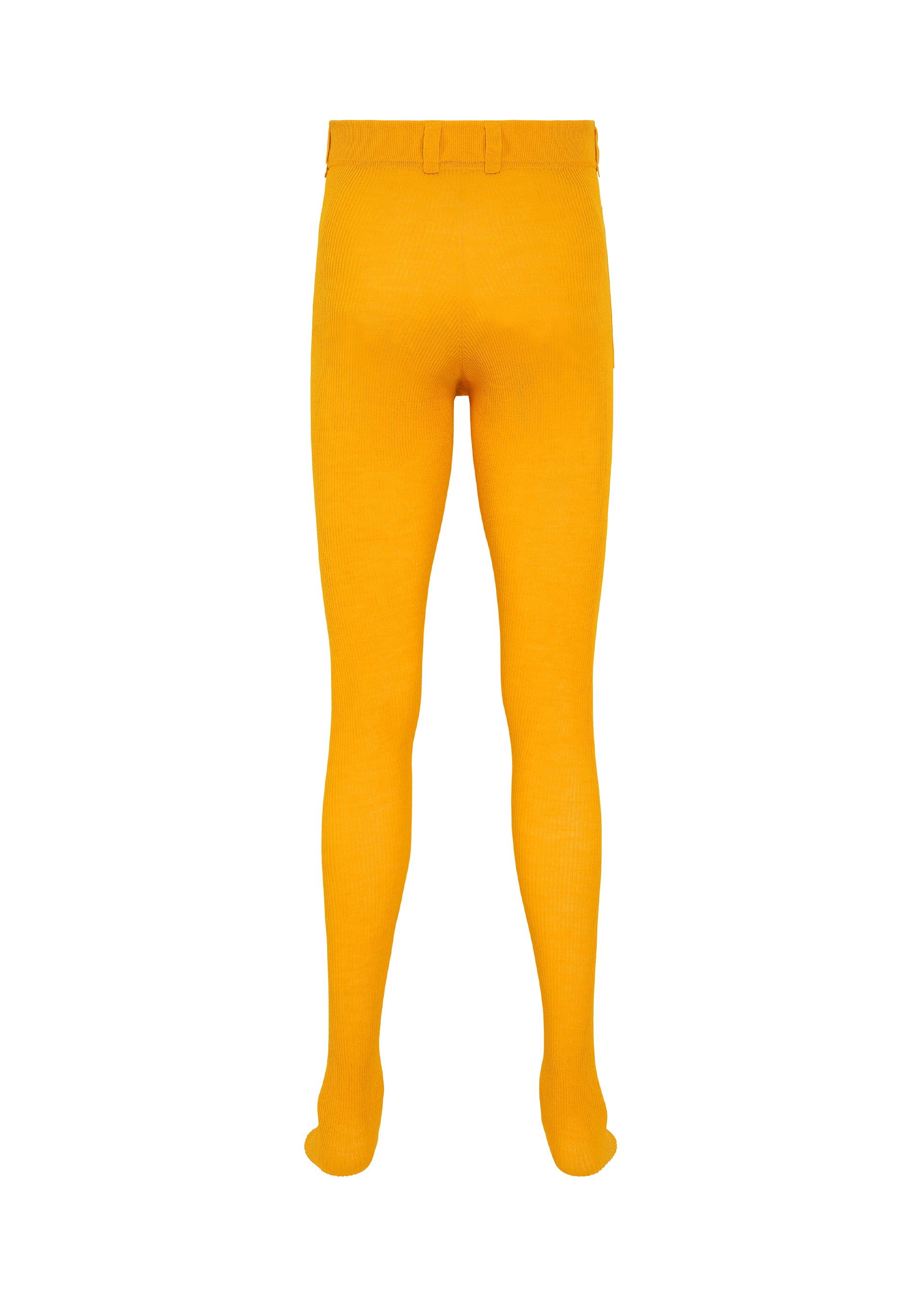 Zoomed view KNIT UNRAVELED tights by HOMME PLISSÉ ISSEY MIYAKE, shown in bright yellow against a white background and viewed from the back, feature a fitted waistband and closed feet. Expertly crafted using the knit-de-knit process, these tights deliver outstanding comfort and durability.