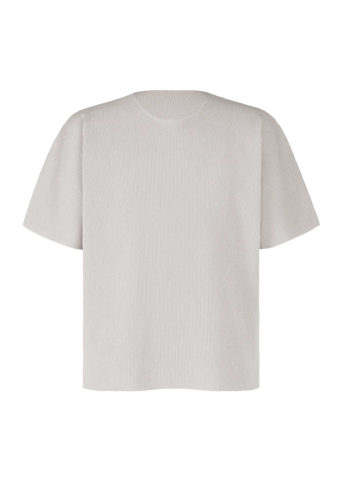 The BASIC KNIT by HOMME PLISSÉ ISSEY MIYAKE is a light gray, short-sleeved round-neck top with a simple, relaxed fit and no visible logos or designs, shown against a white background. view 1 of 5