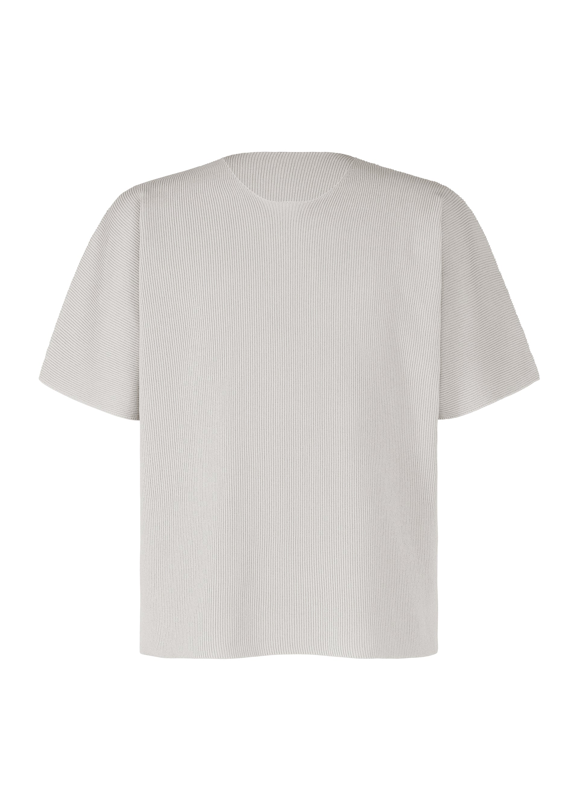 Zoomed view The BASIC KNIT by HOMME PLISSÉ ISSEY MIYAKE is a light gray, short-sleeved round-neck top with a simple, relaxed fit and no visible logos or designs, shown against a white background. - LIGHT GRAY （no.11）