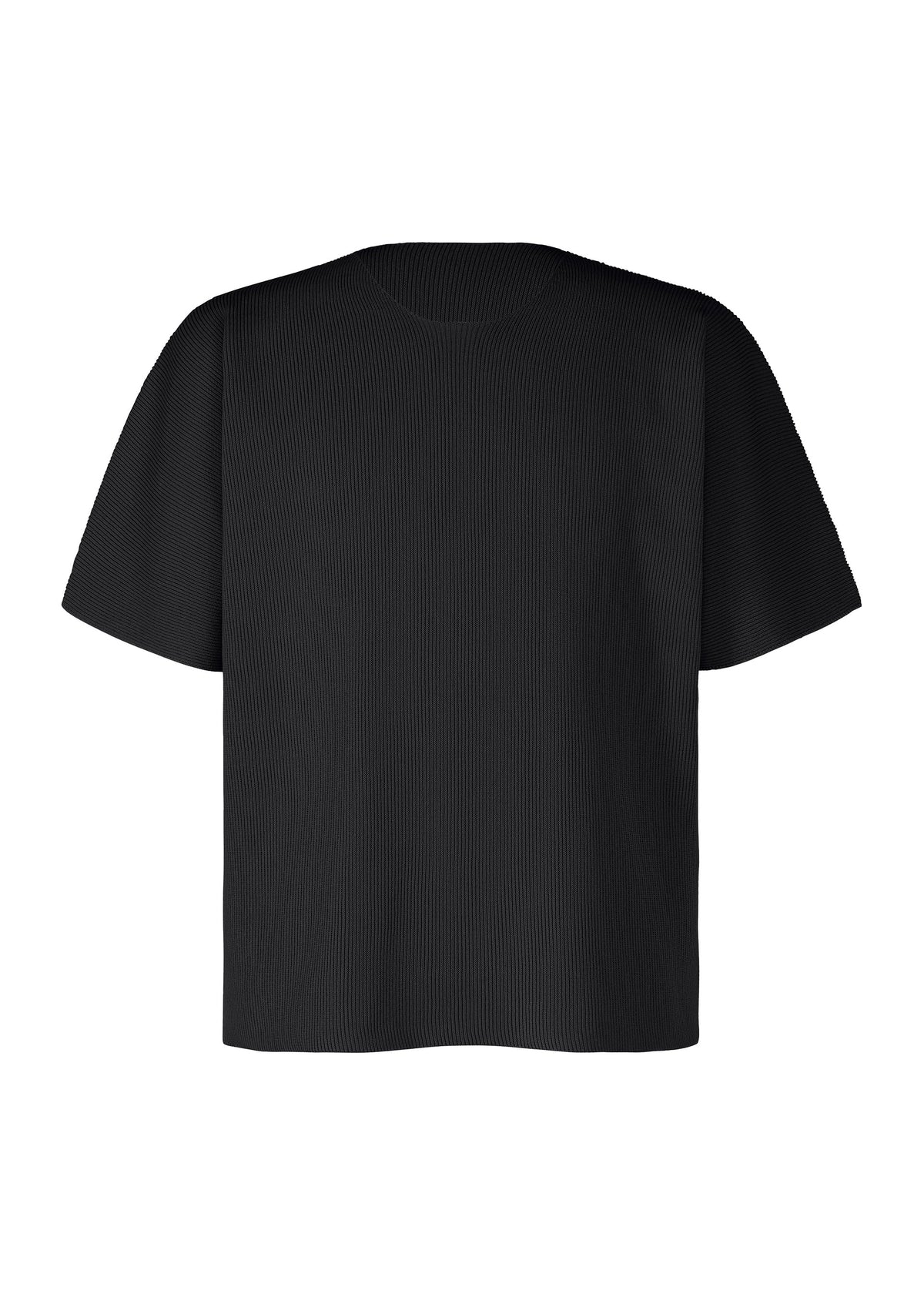 The BASIC KNIT by HOMME PLISSÉ ISSEY MIYAKE is shown from the back against a white background. This black short-sleeve top features a round neckline and showcases a minimalist design with no visible logos, graphics, or patterns, embodying an understated approach to everyday knitwear. view 2 of 5