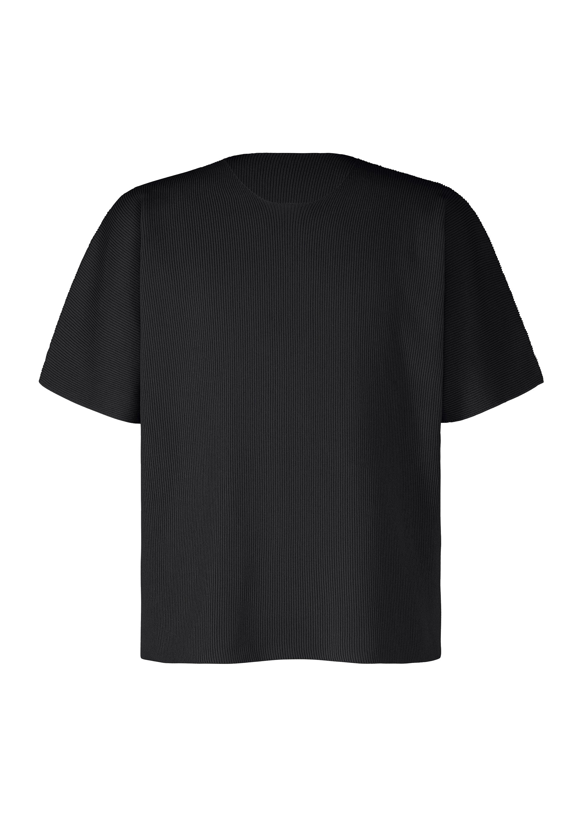 Zoomed view The BASIC KNIT by HOMME PLISSÉ ISSEY MIYAKE is shown from the back against a white background. This black short-sleeve top features a round neckline and showcases a minimalist design with no visible logos, graphics, or patterns, embodying an understated approach to everyday knitwear. - BLACK （no.15）