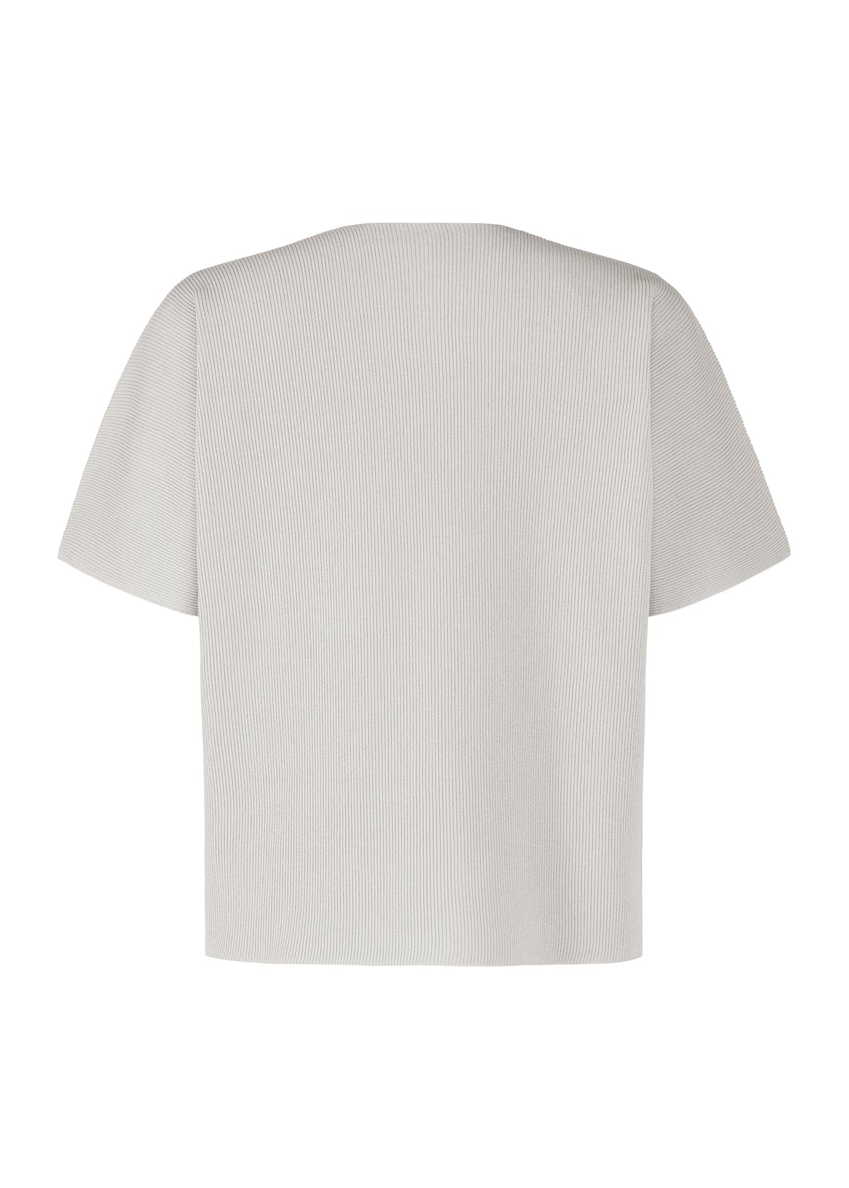 The BASIC KNIT by HOMME PLISSÉ ISSEY MIYAKE, a light gray, short-sleeved ribbed knit round-neck top, is displayed from the back against a white background. view 3 of 5