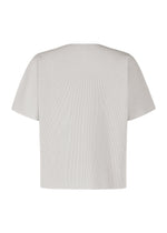 The BASIC KNIT by HOMME PLISSÉ ISSEY MIYAKE, a light gray, short-sleeved ribbed knit round-neck top, is displayed from the back against a white background.