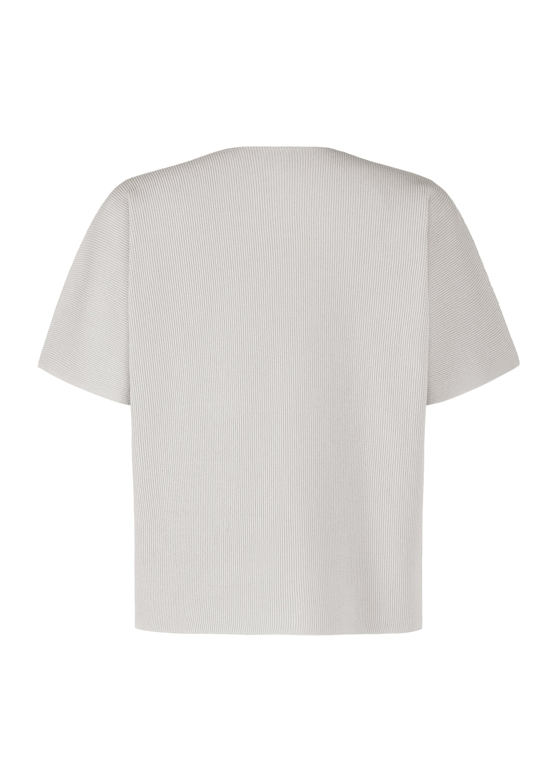 Zoomed view The BASIC KNIT by HOMME PLISSÉ ISSEY MIYAKE, a light gray, short-sleeved ribbed knit round-neck top, is displayed from the back against a white background.