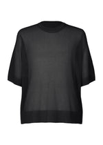 The HOMME PLISSÉ ISSEY MIYAKE WASHI FRAMEWORK-T is a plain, loose-fitting black short-sleeve knit top with a round neckline, shown on a white background. - BLACK （no.15）