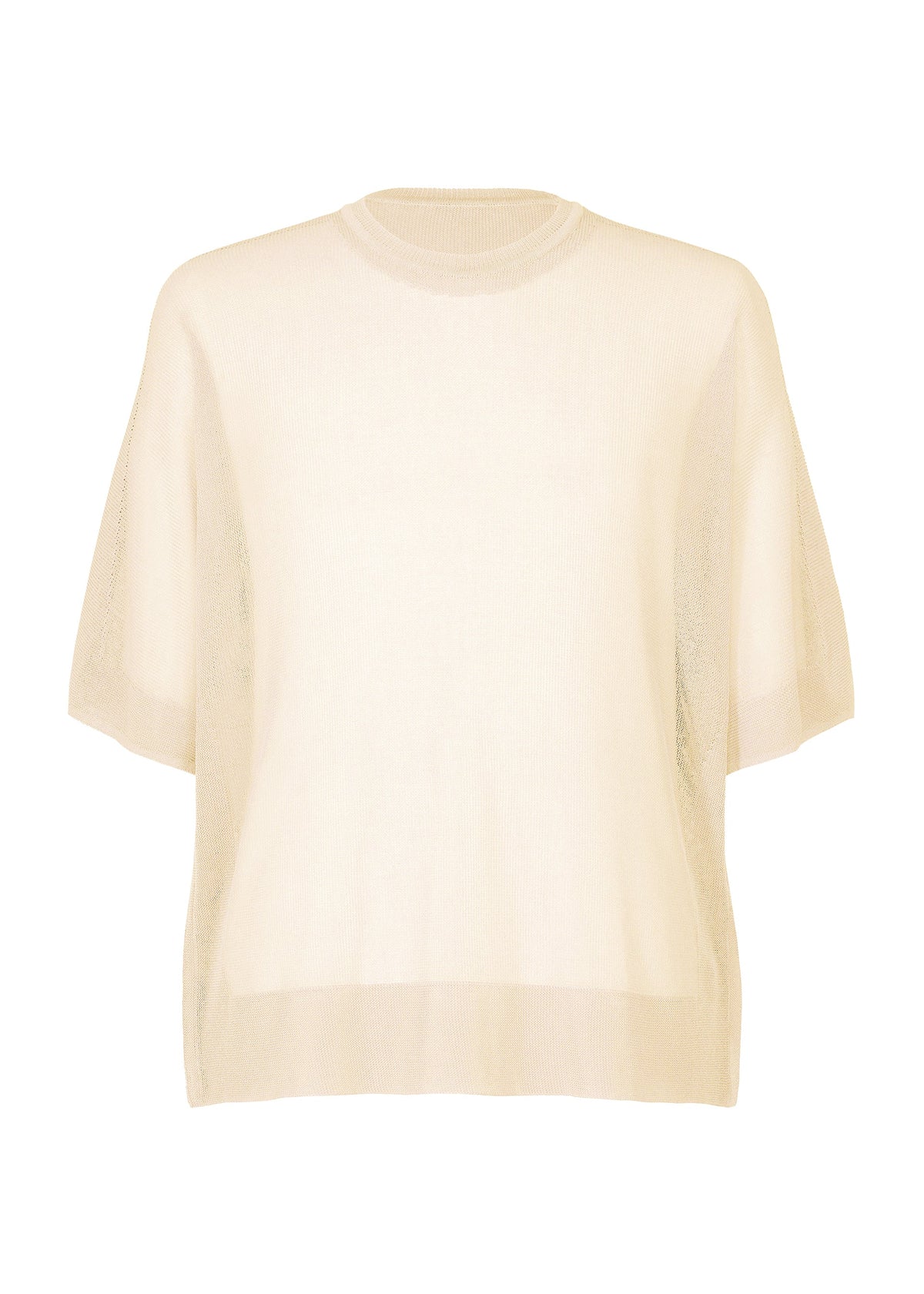 The WASHI FRAMEWORK-T by HOMME PLISSÉ ISSEY MIYAKE is a sheer, short-sleeved, loose-fit beige knit top with a round neckline, displayed against a white background. view 2 of 6