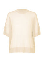 The WASHI FRAMEWORK-T by HOMME PLISSÉ ISSEY MIYAKE is a sheer, short-sleeved, loose-fit beige knit top with a round neckline, displayed against a white background. - BEIGE （no.40）