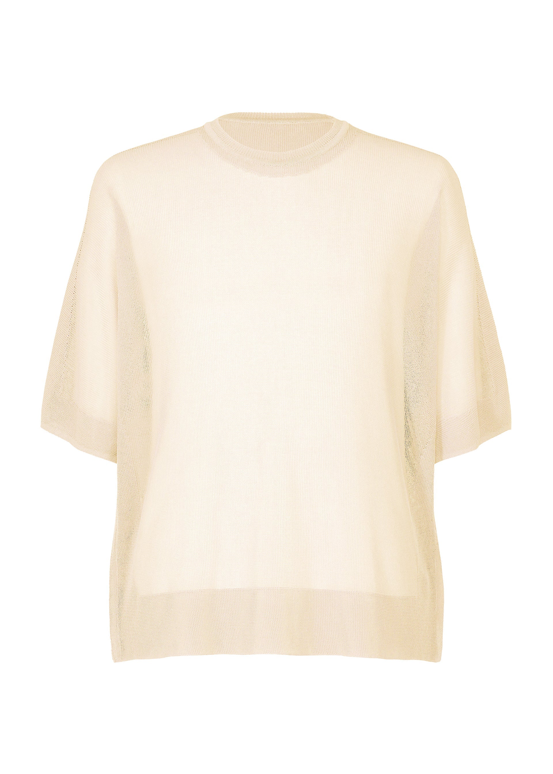 Zoomed view The WASHI FRAMEWORK-T by HOMME PLISSÉ ISSEY MIYAKE is a sheer, short-sleeved, loose-fit beige knit top with a round neckline, displayed against a white background. - BEIGE （no.40）