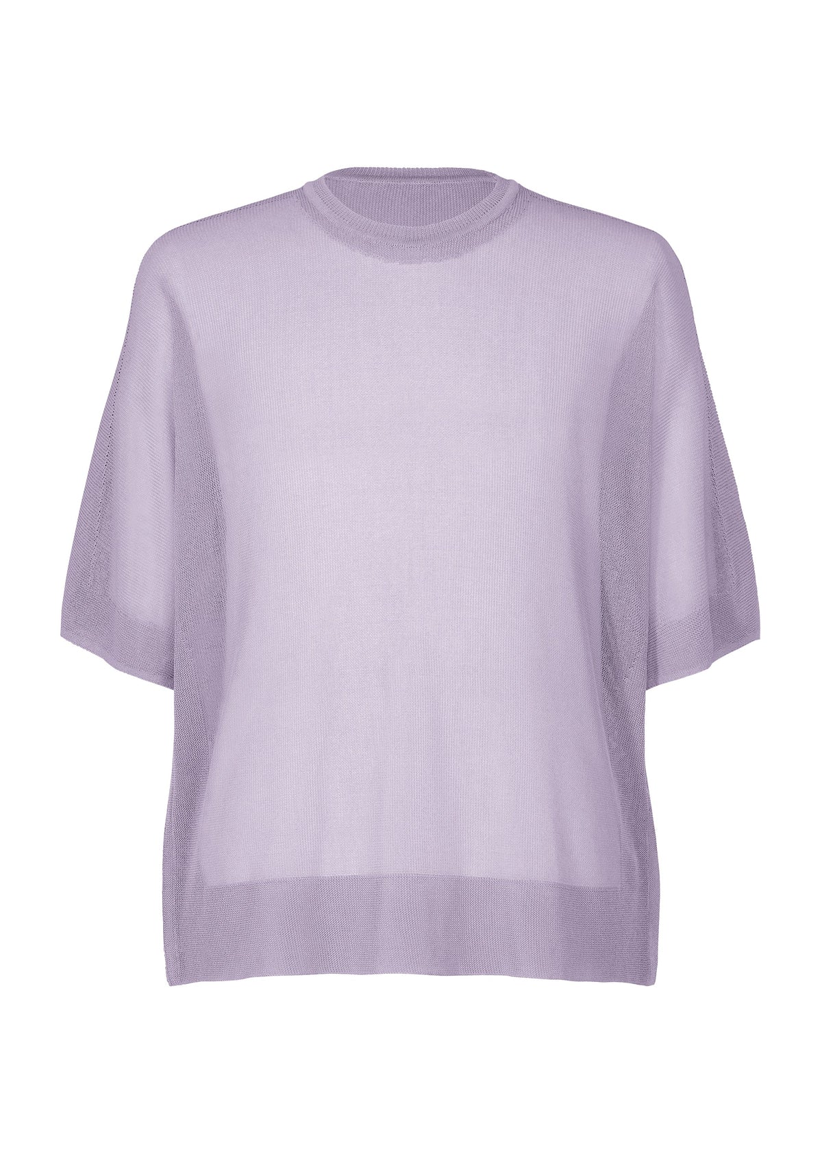 The HOMME PLISSÉ ISSEY MIYAKE WASHI FRAMEWORK-T is a sheer, lavender knit top with short sleeves and a crew neckline, shown loose-fitting against a plain white background. view 3 of 6