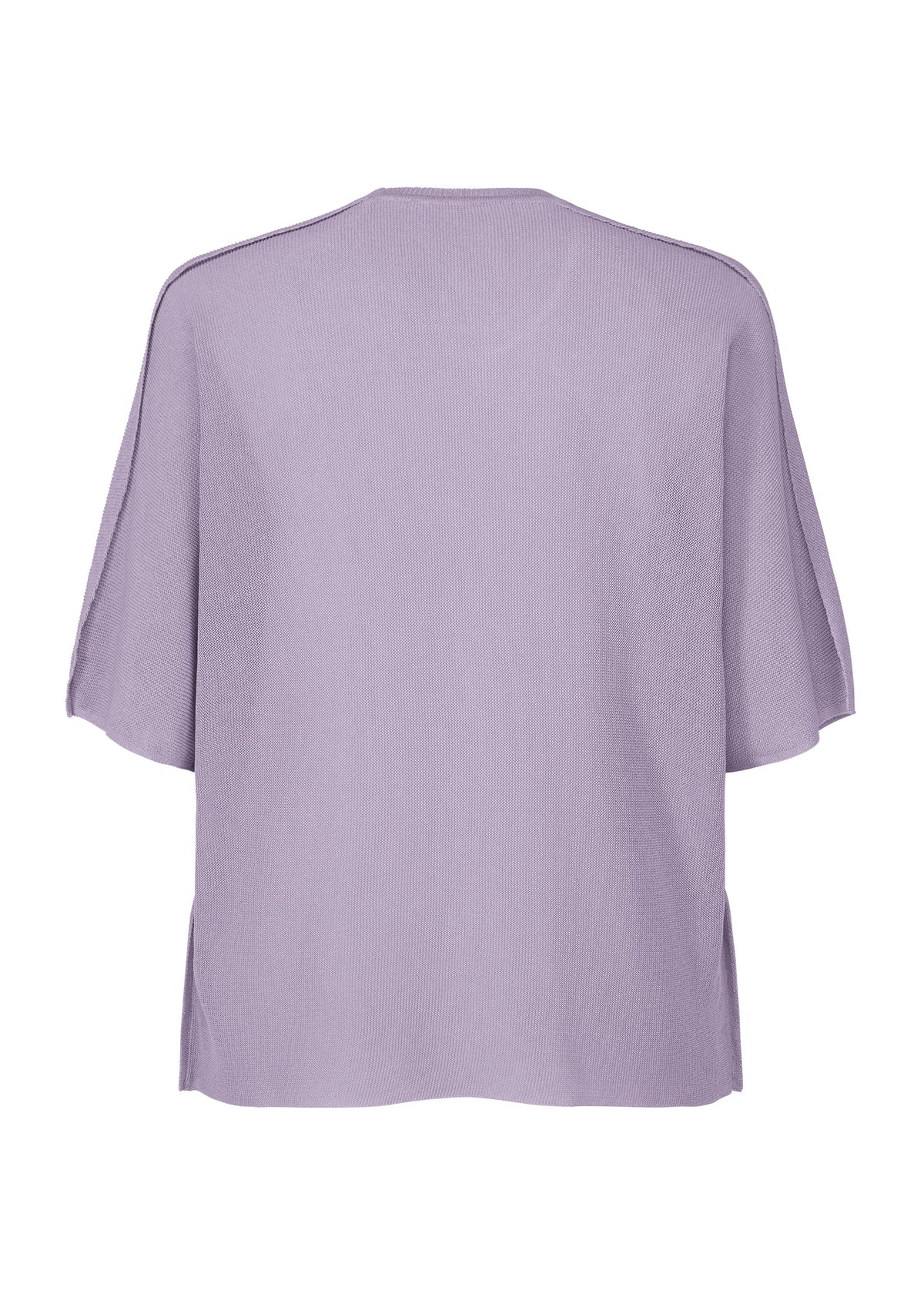 A back view of the HOMME PLISSÉ ISSEY MIYAKE WASHI FRAMEWORK-T, a loose, short-sleeve lavender top with a round neck and straight hem. Made from lightweight, textured washi paper fabric for breathable comfort. view 4 of 6