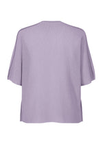 A back view of the HOMME PLISSÉ ISSEY MIYAKE WASHI FRAMEWORK-T, a loose, short-sleeve lavender top with a round neck and straight hem. Made from lightweight, textured washi paper fabric for breathable comfort.
