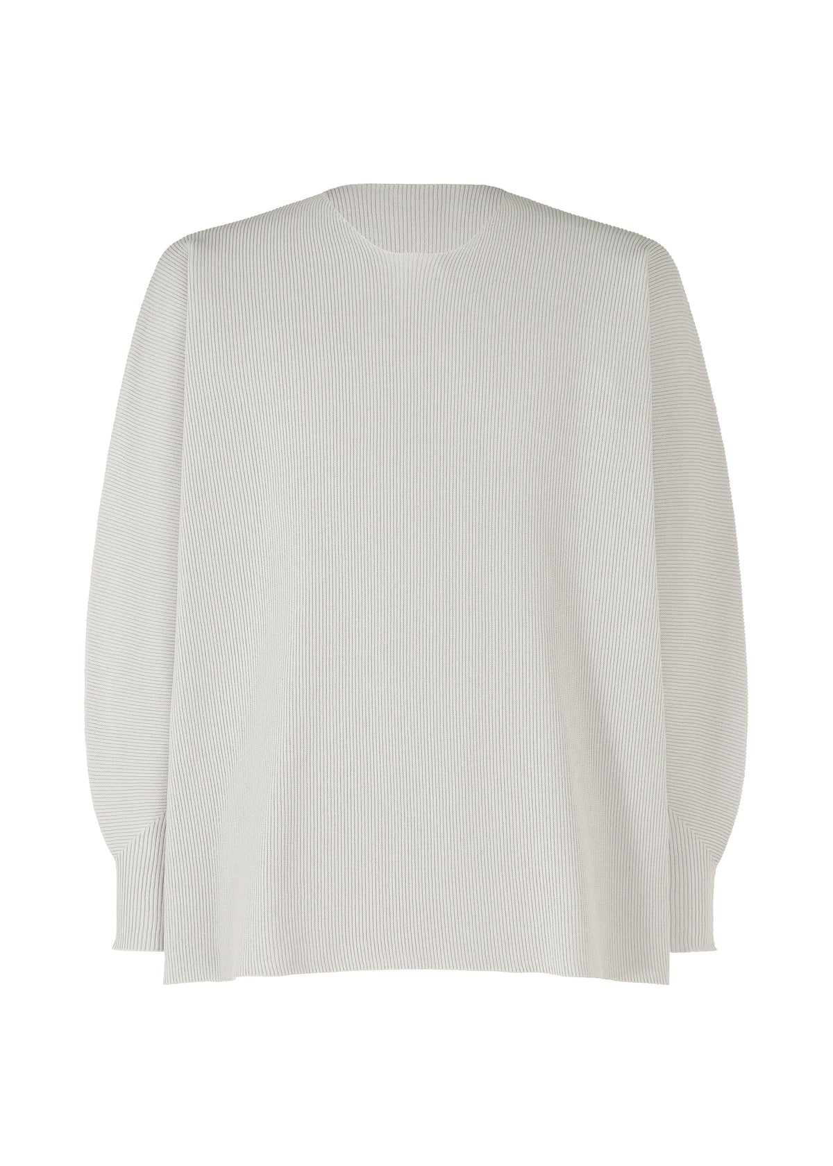The BASIC KNIT by HOMME PLISSÉ ISSEY MIYAKE is a long-sleeved, light gray sweater crafted from regenerated thread in ribbed knitwear with a crew neckline, shown against a white background. view 1 of 5