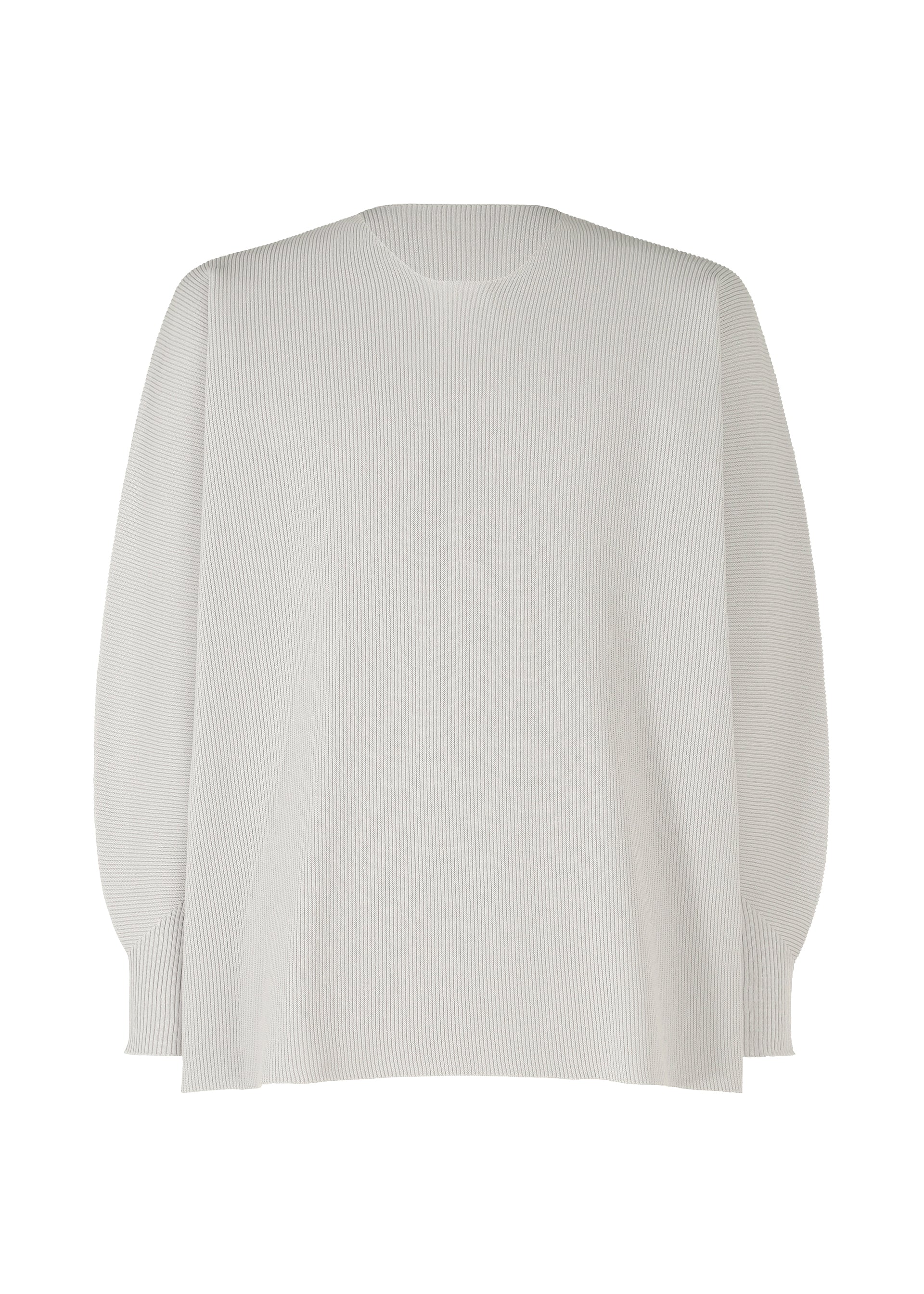 Zoomed view The BASIC KNIT by HOMME PLISSÉ ISSEY MIYAKE is a long-sleeved, light gray sweater crafted from regenerated thread in ribbed knitwear with a crew neckline, shown against a white background. - LIGHT GRAY （no.11）