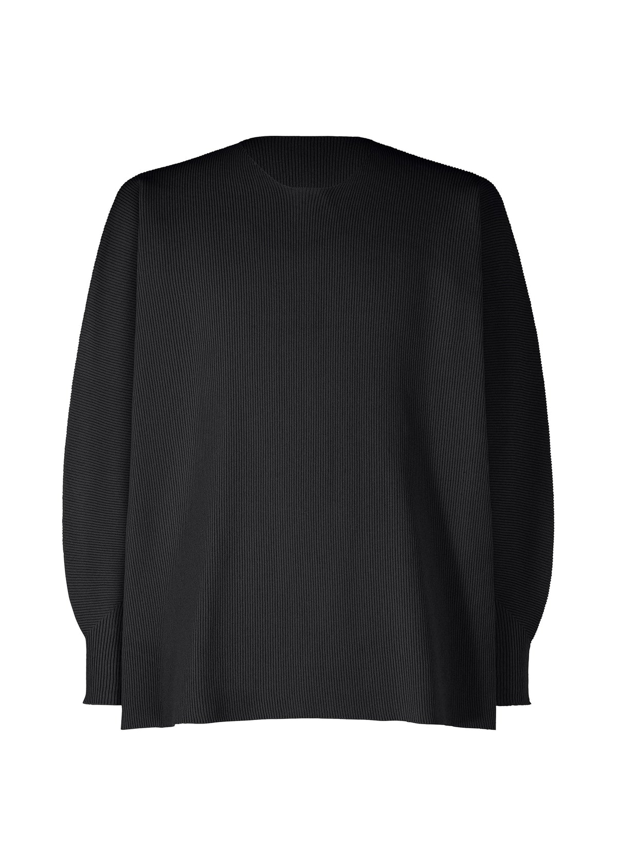 The BASIC KNIT by HOMME PLISSÉ ISSEY MIYAKE is a plain black long-sleeve shirt with a relaxed fit and subtle vertical ribbing, crafted from soft knitwear. Shown on a white background and viewed from the back. view 2 of 5