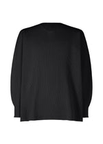 The BASIC KNIT by HOMME PLISSÉ ISSEY MIYAKE is a plain black long-sleeve shirt with a relaxed fit and subtle vertical ribbing, crafted from soft knitwear. Shown on a white background and viewed from the back. - BLACK （no.15）