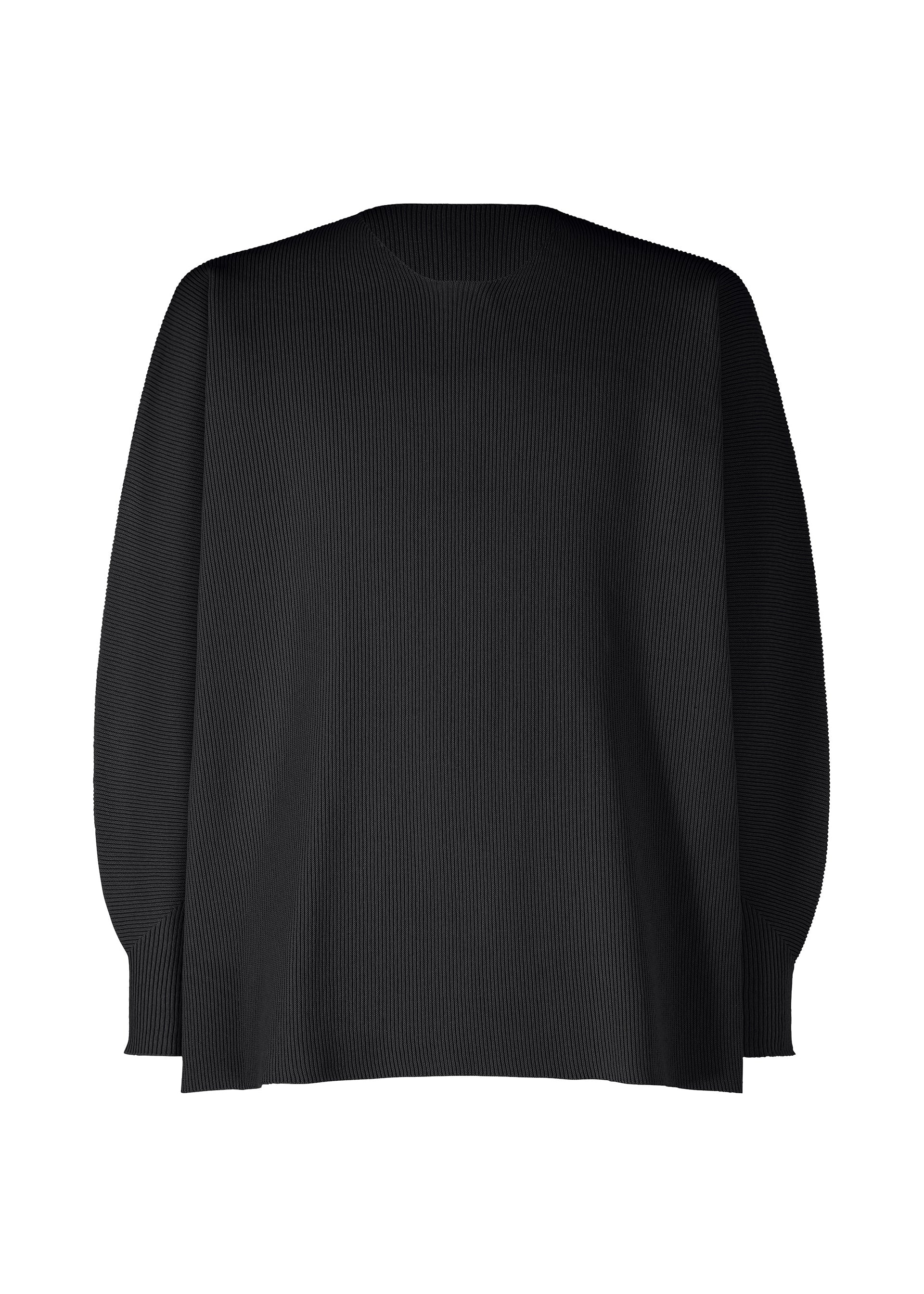 Zoomed view The BASIC KNIT by HOMME PLISSÉ ISSEY MIYAKE is a plain black long-sleeve shirt with a relaxed fit and subtle vertical ribbing, crafted from soft knitwear. Shown on a white background and viewed from the back. - BLACK （no.15）