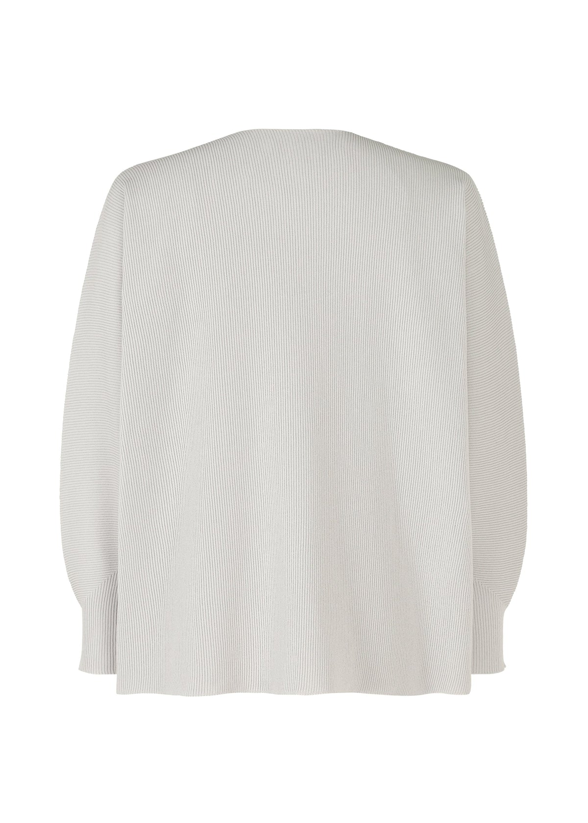 Back view of the BASIC KNIT by HOMME PLISSÉ ISSEY MIYAKE in light gray, featuring long sleeves, a ribbed texture, soft knitwear construction, a relaxed fit, and a minimalist design with no visible fasteners or embellishments. view 3 of 5