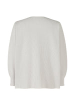 Back view of the BASIC KNIT by HOMME PLISSÉ ISSEY MIYAKE in light gray, featuring long sleeves, a ribbed texture, soft knitwear construction, a relaxed fit, and a minimalist design with no visible fasteners or embellishments.