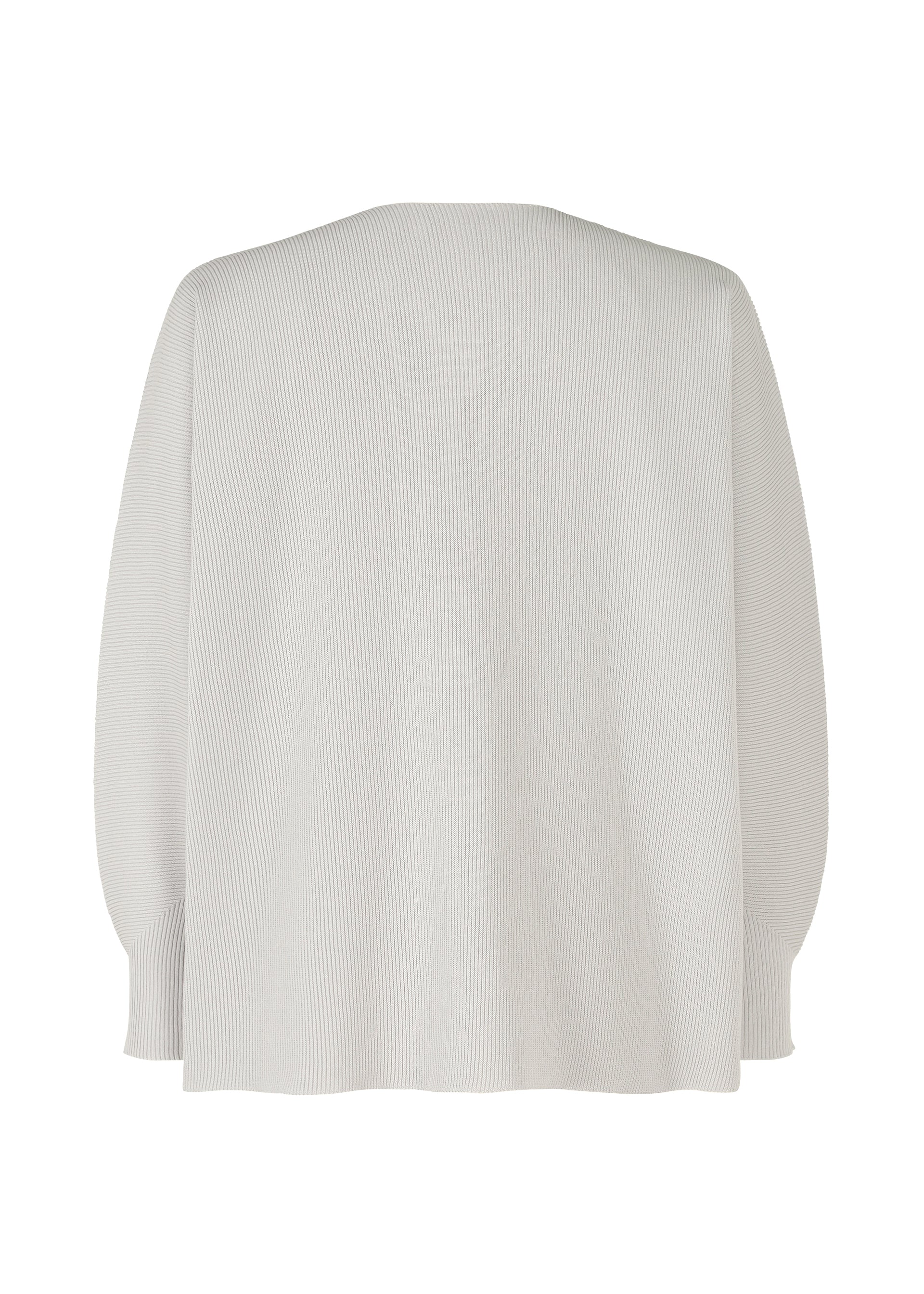 Zoomed view Back view of the BASIC KNIT by HOMME PLISSÉ ISSEY MIYAKE in light gray, featuring long sleeves, a ribbed texture, soft knitwear construction, a relaxed fit, and a minimalist design with no visible fasteners or embellishments.