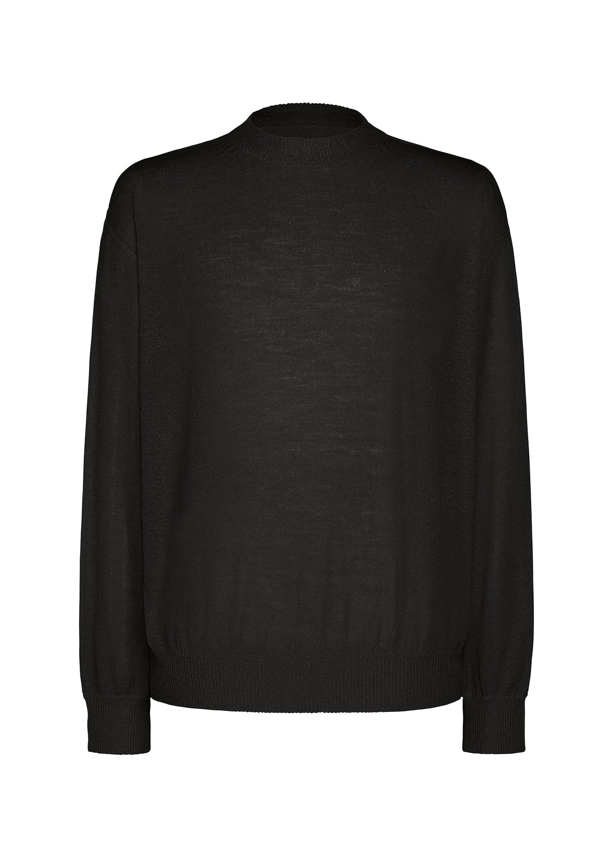 The KNIT UNRAVELED by HOMME PLISSÉ ISSEY MIYAKE is a plain black long-sleeve knit top featuring a crew neckline, ribbed cuffs, and hem—an ideal piece for effortless layered style, shown here against a white background. view 1 of 7