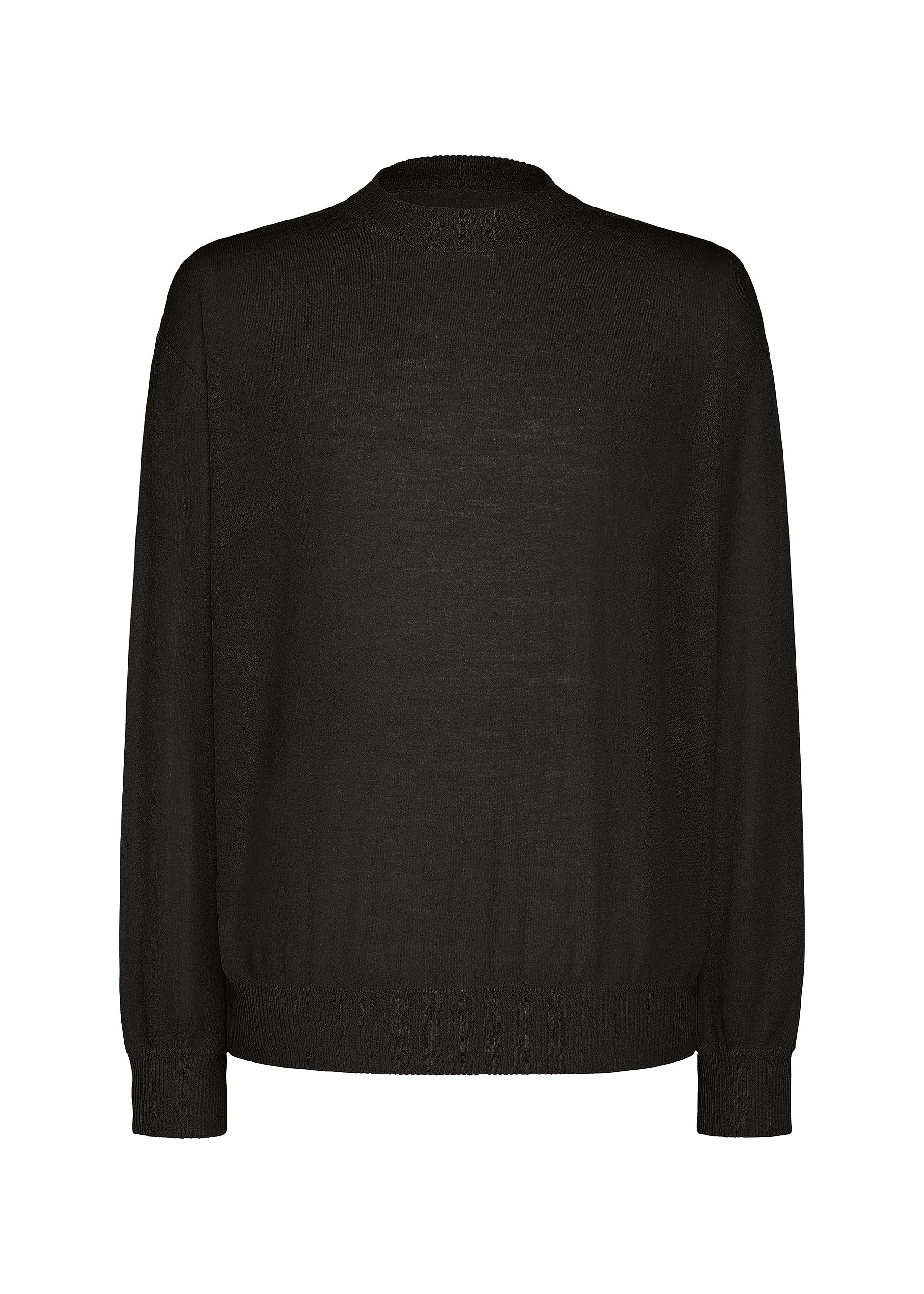 Zoomed view The KNIT UNRAVELED by HOMME PLISSÉ ISSEY MIYAKE is a plain black long-sleeve knit top featuring a crew neckline, ribbed cuffs, and hem—an ideal piece for effortless layered style, shown here against a white background. - BLACK （no.15）