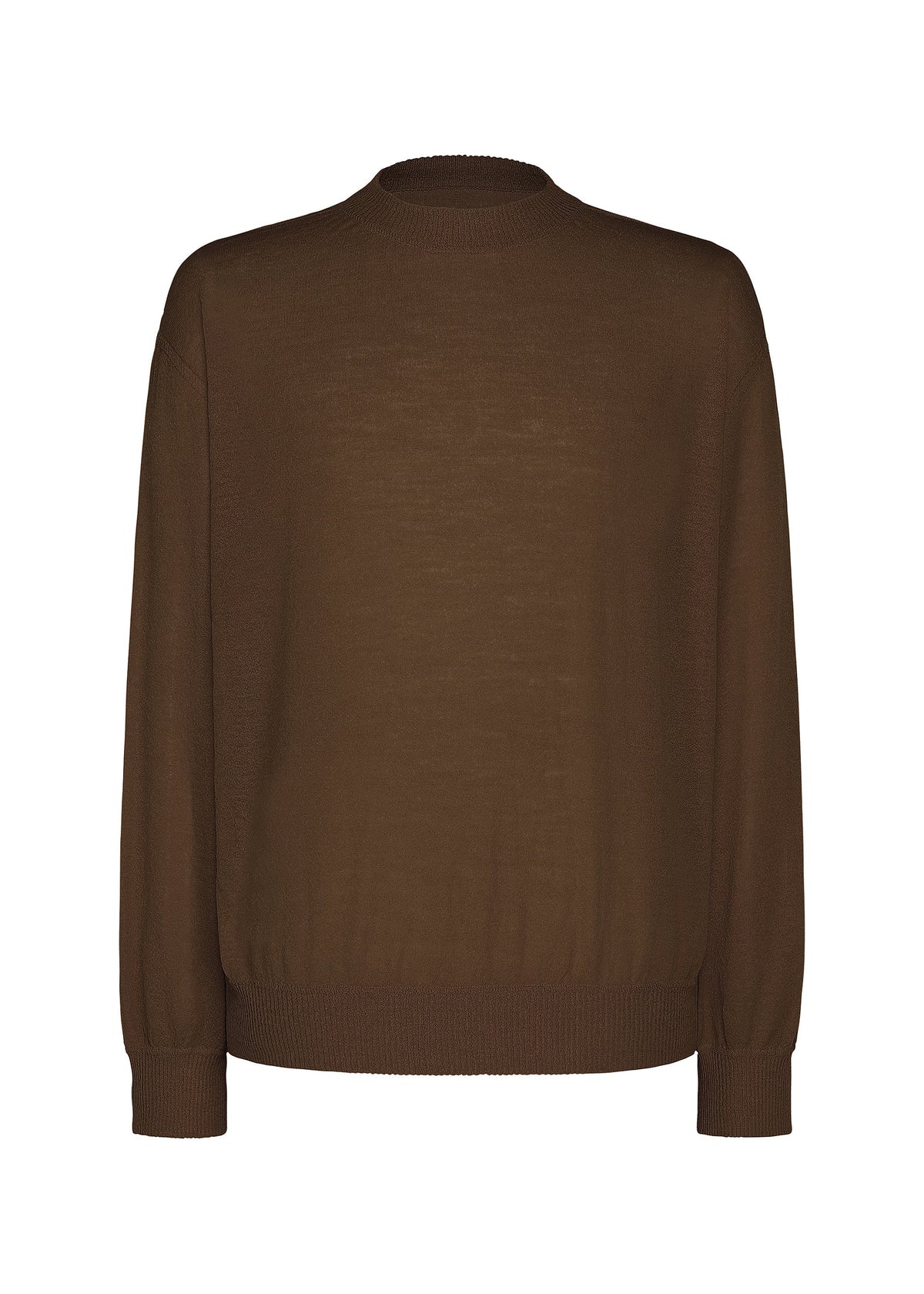 The KNIT UNRAVELED by HOMME PLISSÉ ISSEY MIYAKE is a plain brown long-sleeve knit top featuring a crew neckline, ribbed cuffs, and a ribbed hem—perfect for layering—displayed against a white background. view 2 of 7