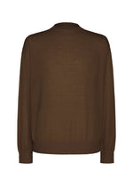 The KNIT UNRAVELED by HOMME PLISSÉ ISSEY MIYAKE is a plain brown long-sleeve knit top featuring a crew neckline, ribbed cuffs, and a ribbed hem—perfect for layering—displayed against a white background. - BROWN （no.44）