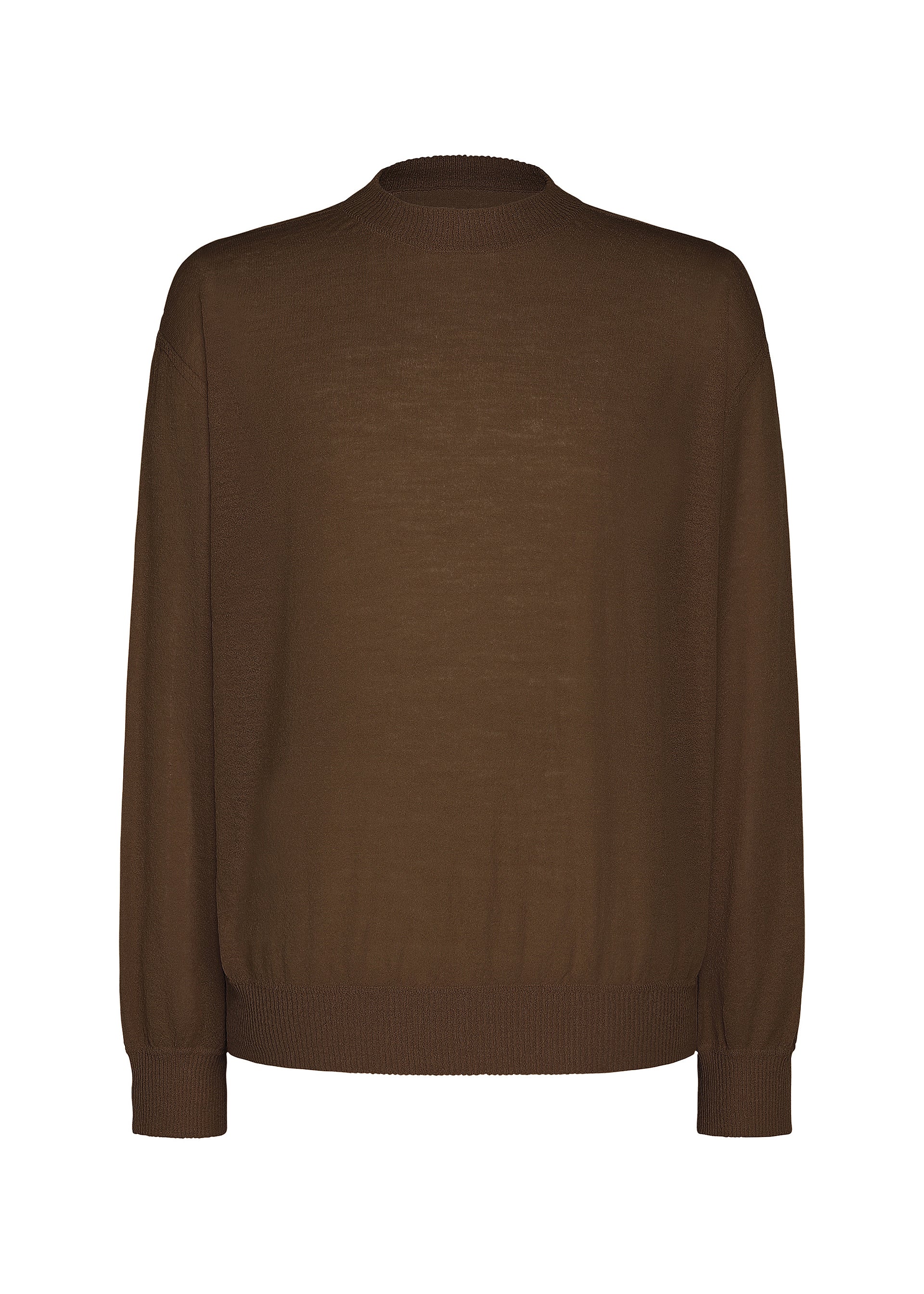 Zoomed view The KNIT UNRAVELED by HOMME PLISSÉ ISSEY MIYAKE is a plain brown long-sleeve knit top featuring a crew neckline, ribbed cuffs, and a ribbed hem—perfect for layering—displayed against a white background. - BROWN （no.44）