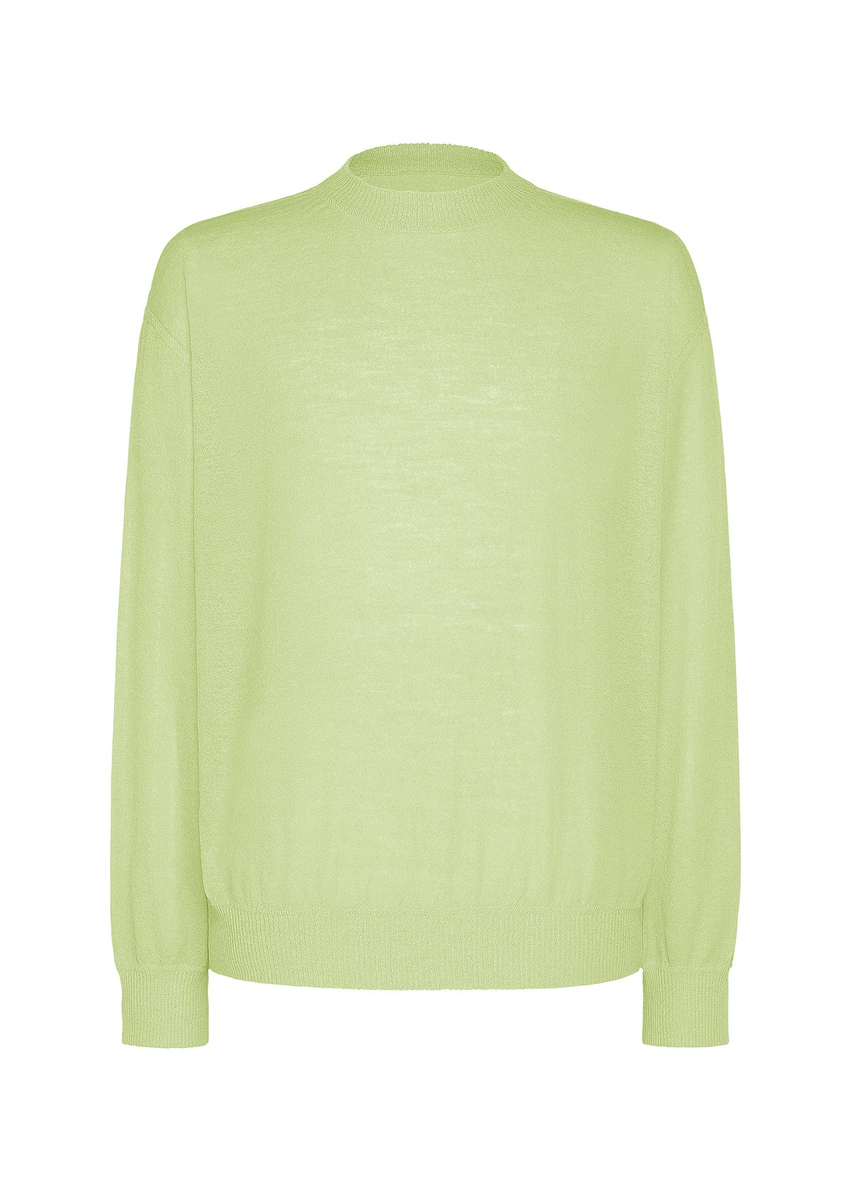 The KNIT UNRAVELED top by HOMME PLISSÉ ISSEY MIYAKE features a light green hue and long sleeves, with ribbed cuffs, waistband, and collar. This crewneck knit is perfect for layering and is shown against a plain white background. view 3 of 7