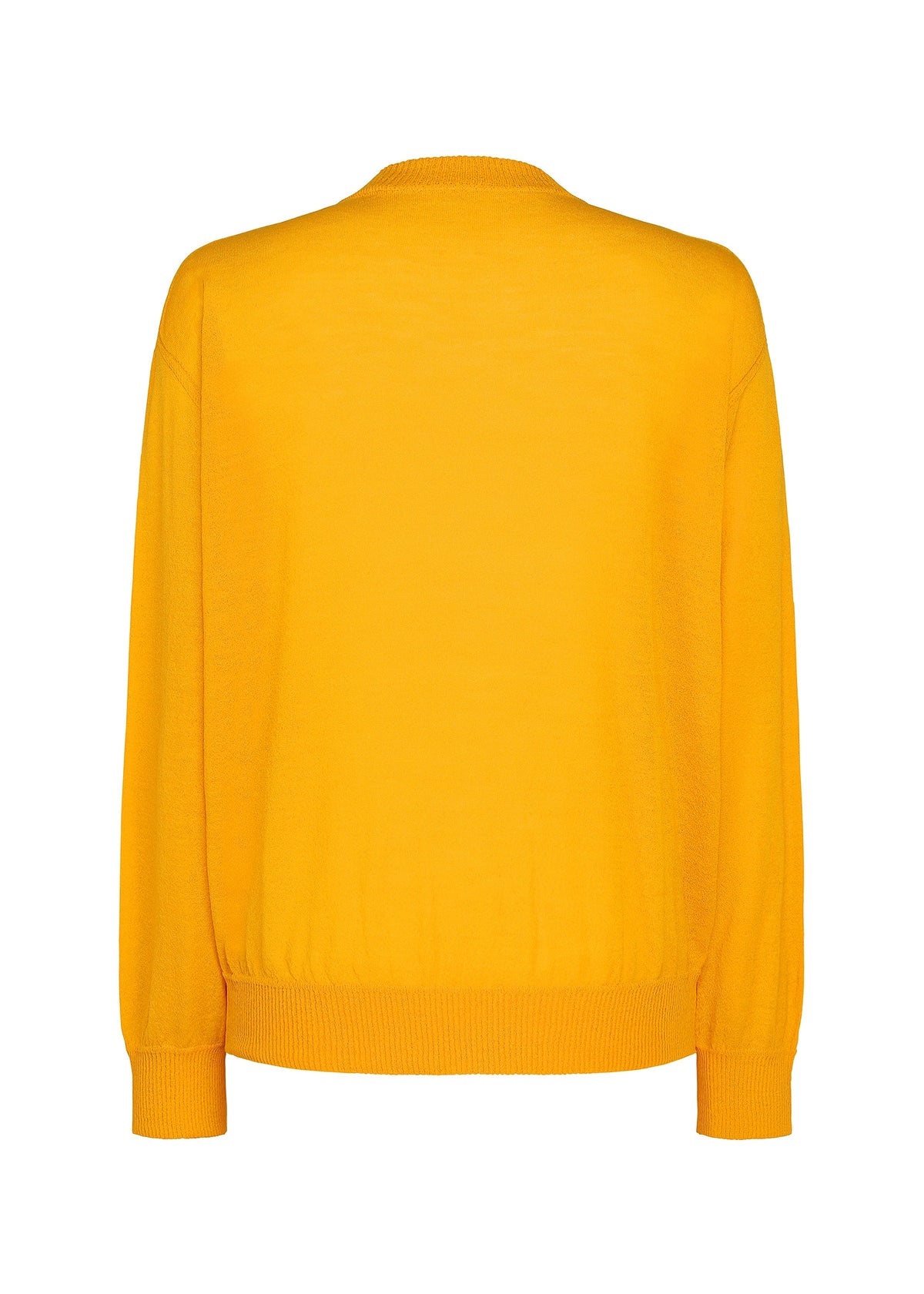 The KNIT UNRAVELED top by HOMME PLISSÉ ISSEY MIYAKE is a bright yellow long-sleeve knit, shown from the back, featuring ribbed cuffs, hem, and neckline with a smooth and simple design—ideal for layering. view 4 of 7