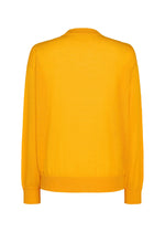 The KNIT UNRAVELED top by HOMME PLISSÉ ISSEY MIYAKE is a bright yellow long-sleeve knit, shown from the back, featuring ribbed cuffs, hem, and neckline with a smooth and simple design—ideal for layering.