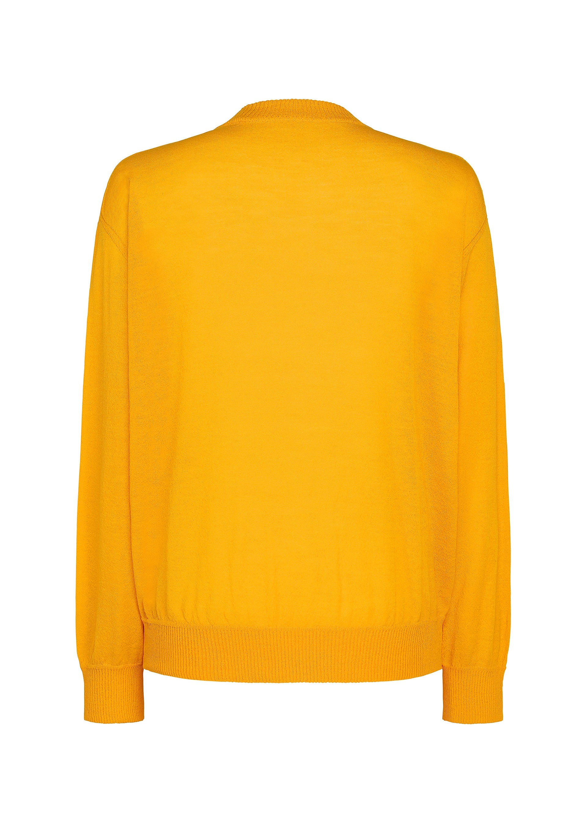 Zoomed view The KNIT UNRAVELED top by HOMME PLISSÉ ISSEY MIYAKE is a bright yellow long-sleeve knit, shown from the back, featuring ribbed cuffs, hem, and neckline with a smooth and simple design—ideal for layering.