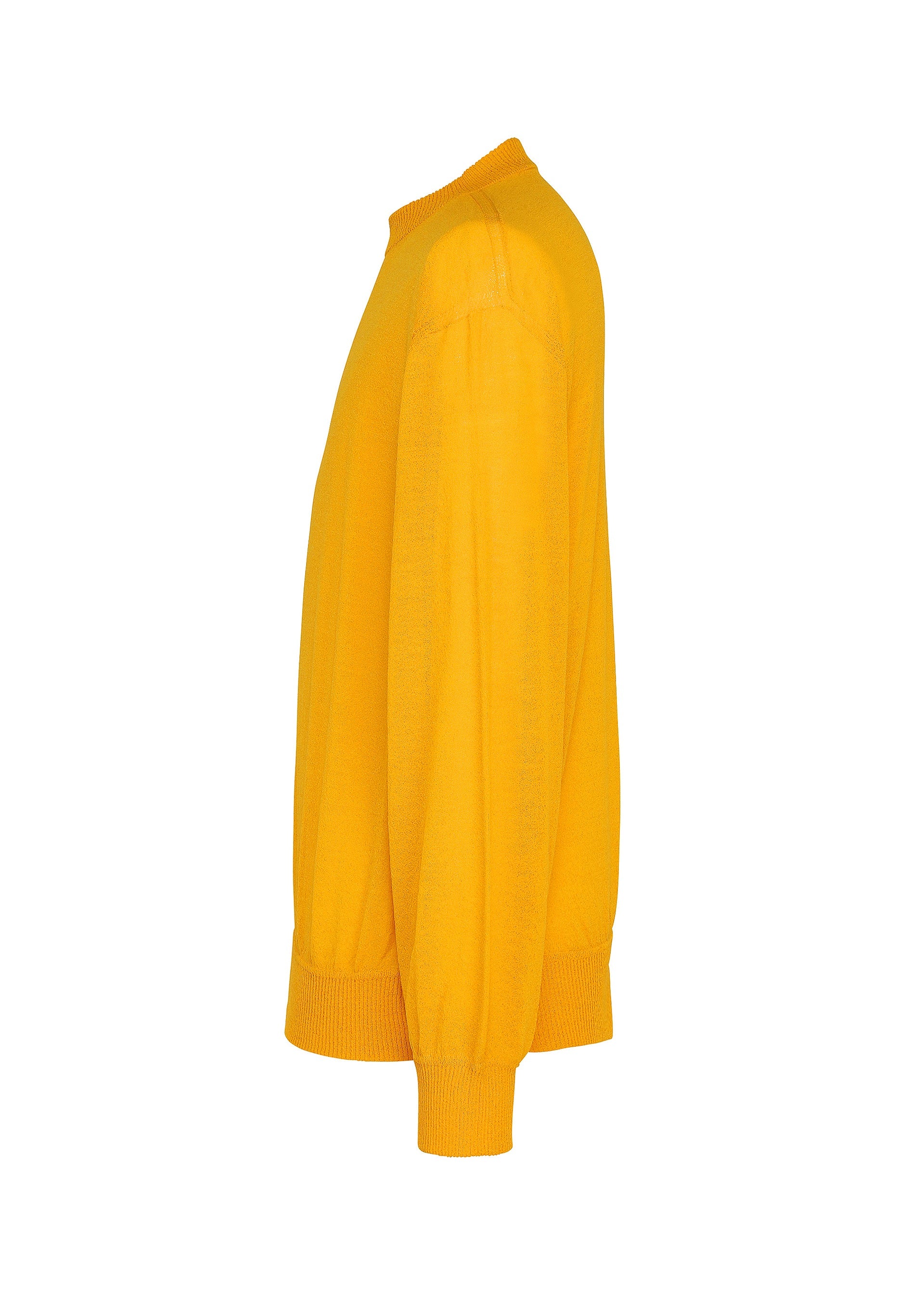 Zoomed view The KNIT UNRAVELED long-sleeve top by HOMME PLISSÉ ISSEY MIYAKE is displayed from the side in a vibrant yellow hue, showcasing ribbed cuffs, hem, and collar against a plain white background—an ideal statement piece to brighten up any layered look.