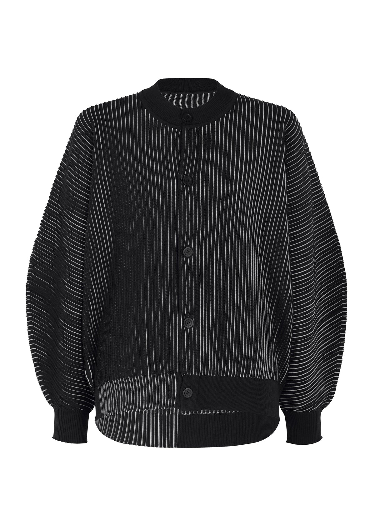 The IN THE SHADOW KNIT by HOMME PLISSÉ ISSEY MIYAKE is a black button-up cardigan featuring long, relaxed sleeves and bold asymmetrical white pinstripes for a playful look. view 1 of 7