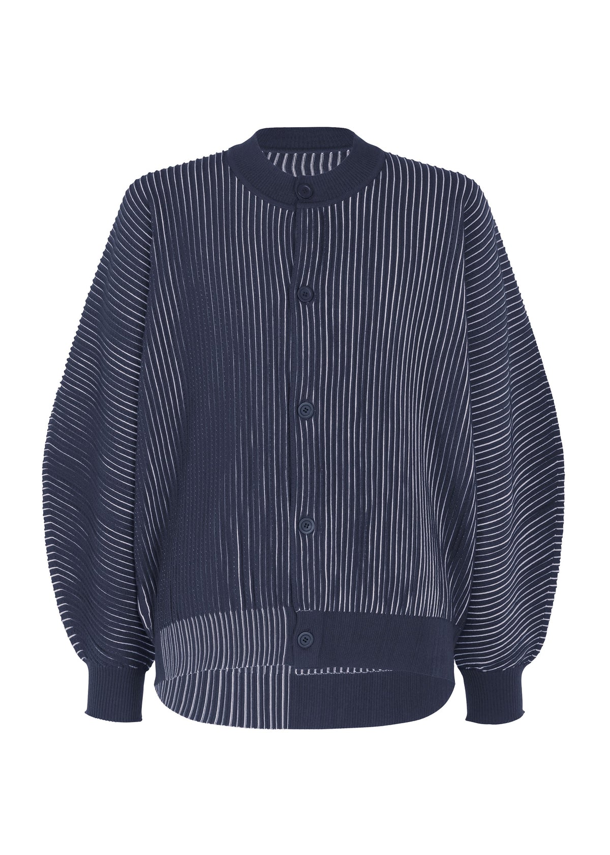 The IN THE SHADOW KNIT by HOMME PLISSÉ ISSEY MIYAKE is a navy long-sleeved cardigan with white pinstripes and ribbed cuffs and hem, shown against a white background. view 2 of 7