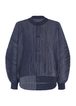 The IN THE SHADOW KNIT by HOMME PLISSÉ ISSEY MIYAKE is a navy long-sleeved cardigan with white pinstripes and ribbed cuffs and hem, shown against a white background. - BLUE （no.72）