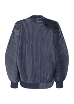 The IN THE SHADOW KNIT by HOMME PLISSÉ ISSEY MIYAKE features navy-blue with white pinstripes, voluminous sleeves, ribbed cuffs and hem, a fun right-shoulder detail, and is shown from the back.