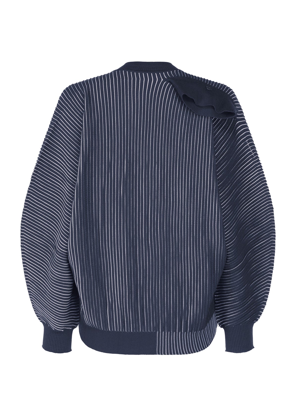 Zoomed view The IN THE SHADOW KNIT by HOMME PLISSÉ ISSEY MIYAKE features navy-blue with white pinstripes, voluminous sleeves, ribbed cuffs and hem, a fun right-shoulder detail, and is shown from the back.