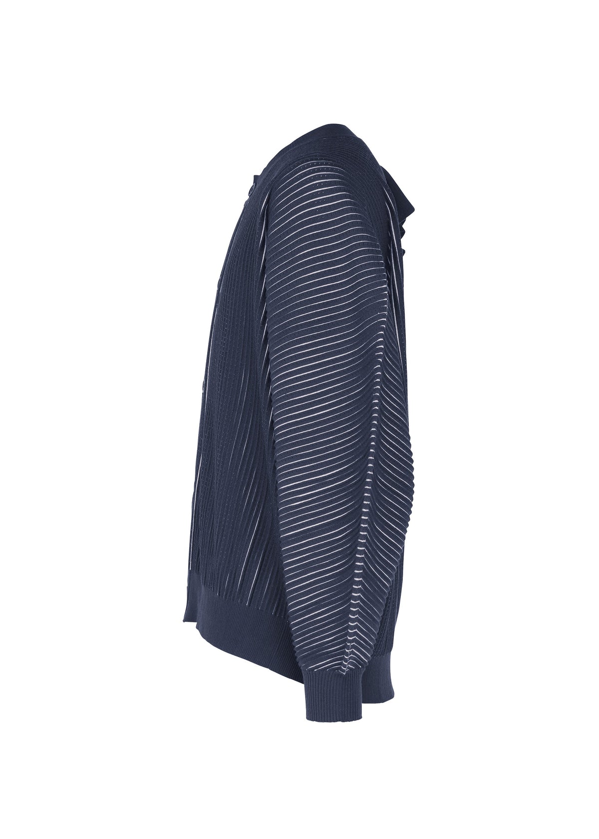 Zoomed view IN THE SHADOW KNIT by HOMME PLISSÉ ISSEY MIYAKE features thin white stripes on navy, ribbed cuffs, waistband, and collar. Shown from the left side against a white background.