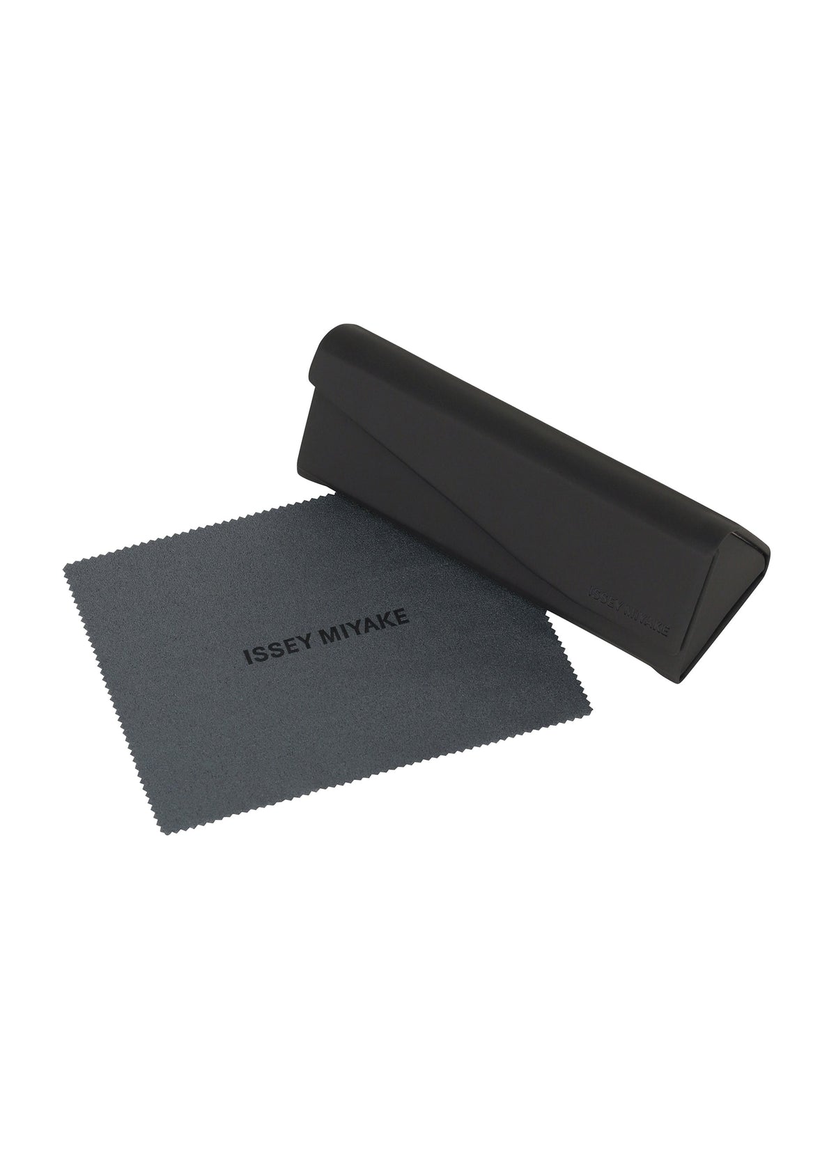 A black triangular eyeglass case and a gray ISSEY MIYAKE printed cleaning cloth for ISSEY MIYAKE EYES GRIT-BOSTON sunglasses, displayed on a white background. view 5 of 5