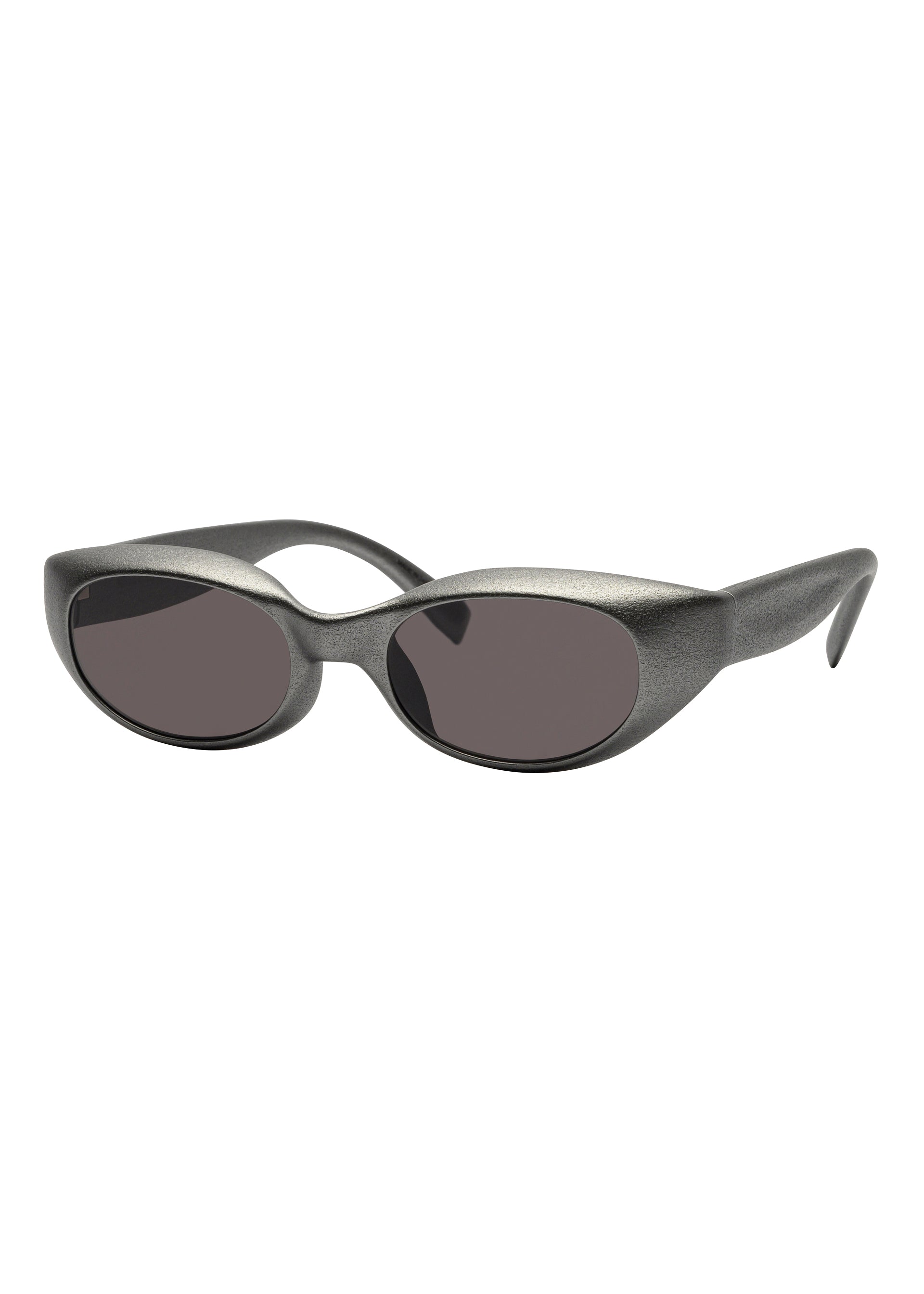 Zoomed view ISSEY MIYAKE EYES' GRIT-SQUARE: Black oval 3D printed sunglasses with thick matte frames and dark tinted lenses, shown on a white background. - - （no.91）