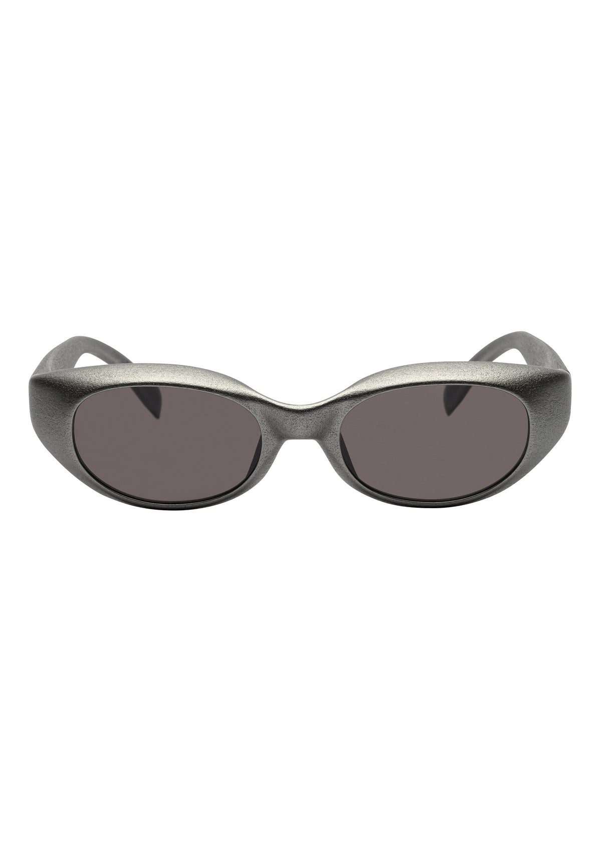 Front view of GRIT-SQUARE oval-shaped sunglasses by ISSEY MIYAKE EYES, featuring matte gray 3D printed thick plastic frames and dark tinted lenses. view 2 of 5