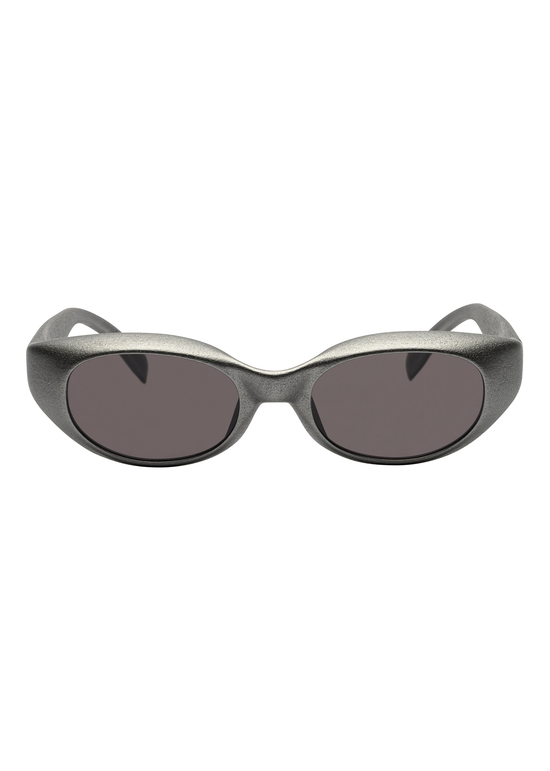 Zoomed view Front view of GRIT-SQUARE oval-shaped sunglasses by ISSEY MIYAKE EYES, featuring matte gray 3D printed thick plastic frames and dark tinted lenses.