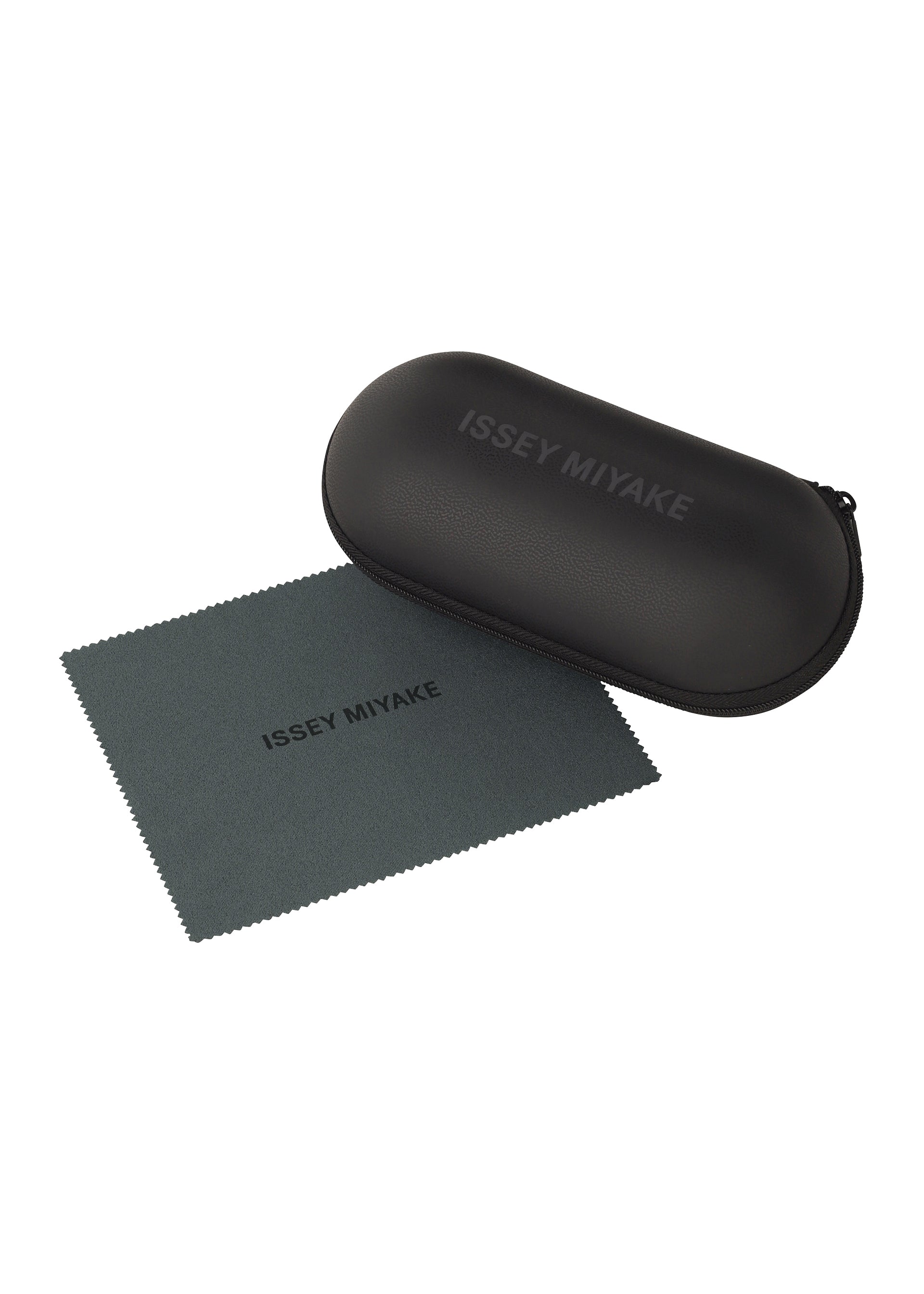 Zoomed view A black zippered eyeglass case labeled ISSEY MIYAKE EYES is shown beside a matching dark gray cloth, both designed for the GRIT-SQUARE sunglasses, displayed sleekly on a white background.
