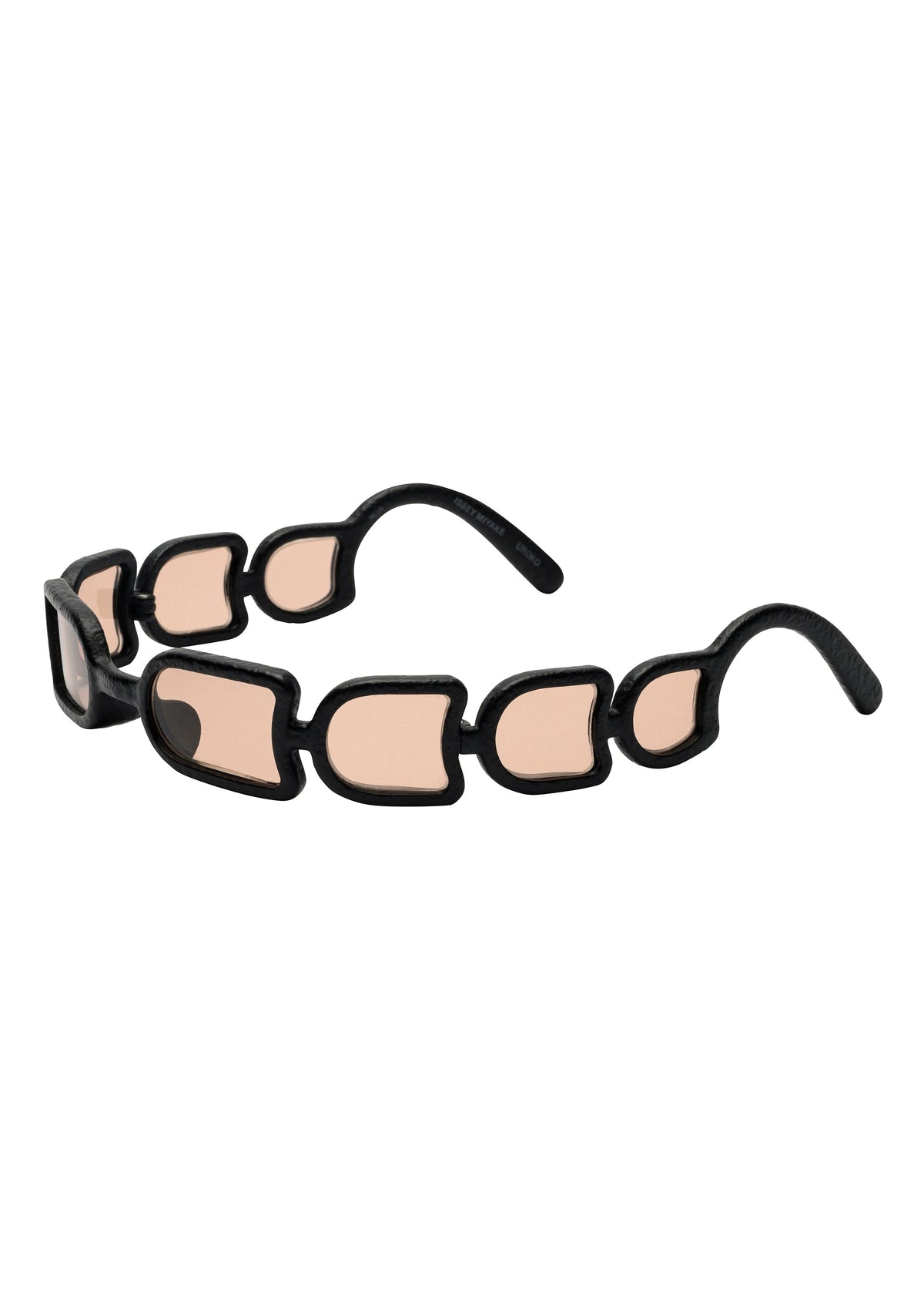 A pair of ISSEY MIYAKE EYES UROKO sunglasses featuring Japanese craftsmanship—irregular, segmented black frames with light brown-tinted lenses in each segment, including the arms, for a unique design. view 1 of 5