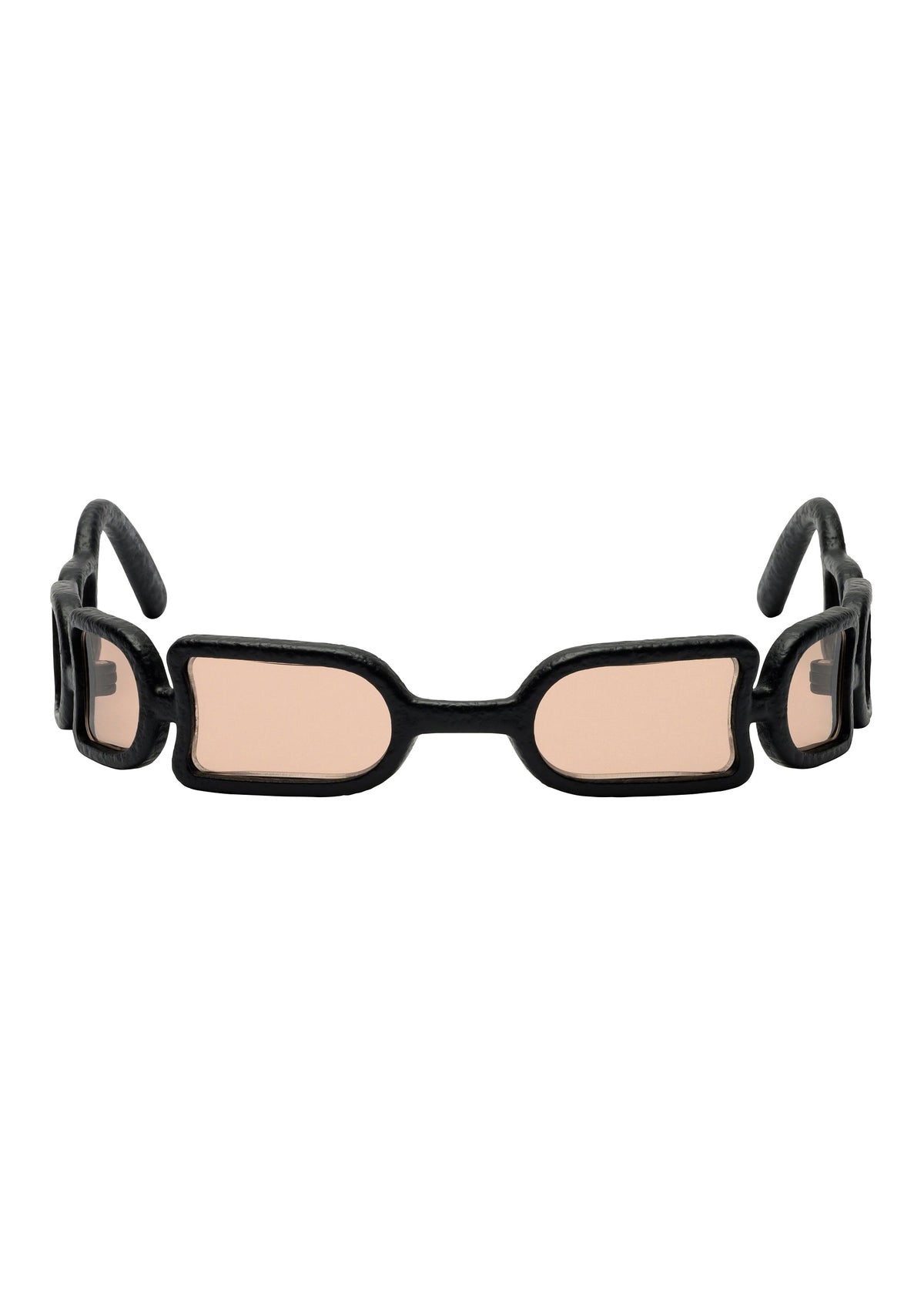 ISSEY MIYAKE EYES UROKO sunglasses, with distinctive rectangular shapes, black frames, and light pink lenses, highlight Japanese craftsmanship from the front view against a white background. view 2 of 5