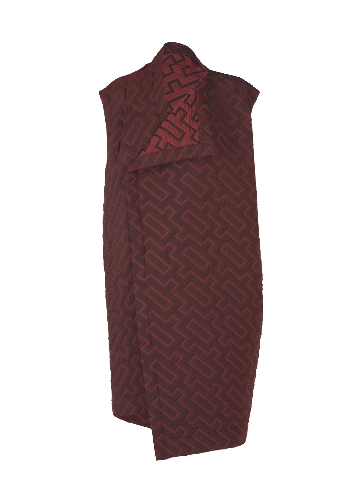 The ONE CLOTH PUFF by ISSEY MIYAKE ONLINE STORE is a sleeveless deep red jacquard quilted vest with a geometric interlocking pattern, folded collar, and asymmetric drape, shown against a plain white background. view 2 of 8
