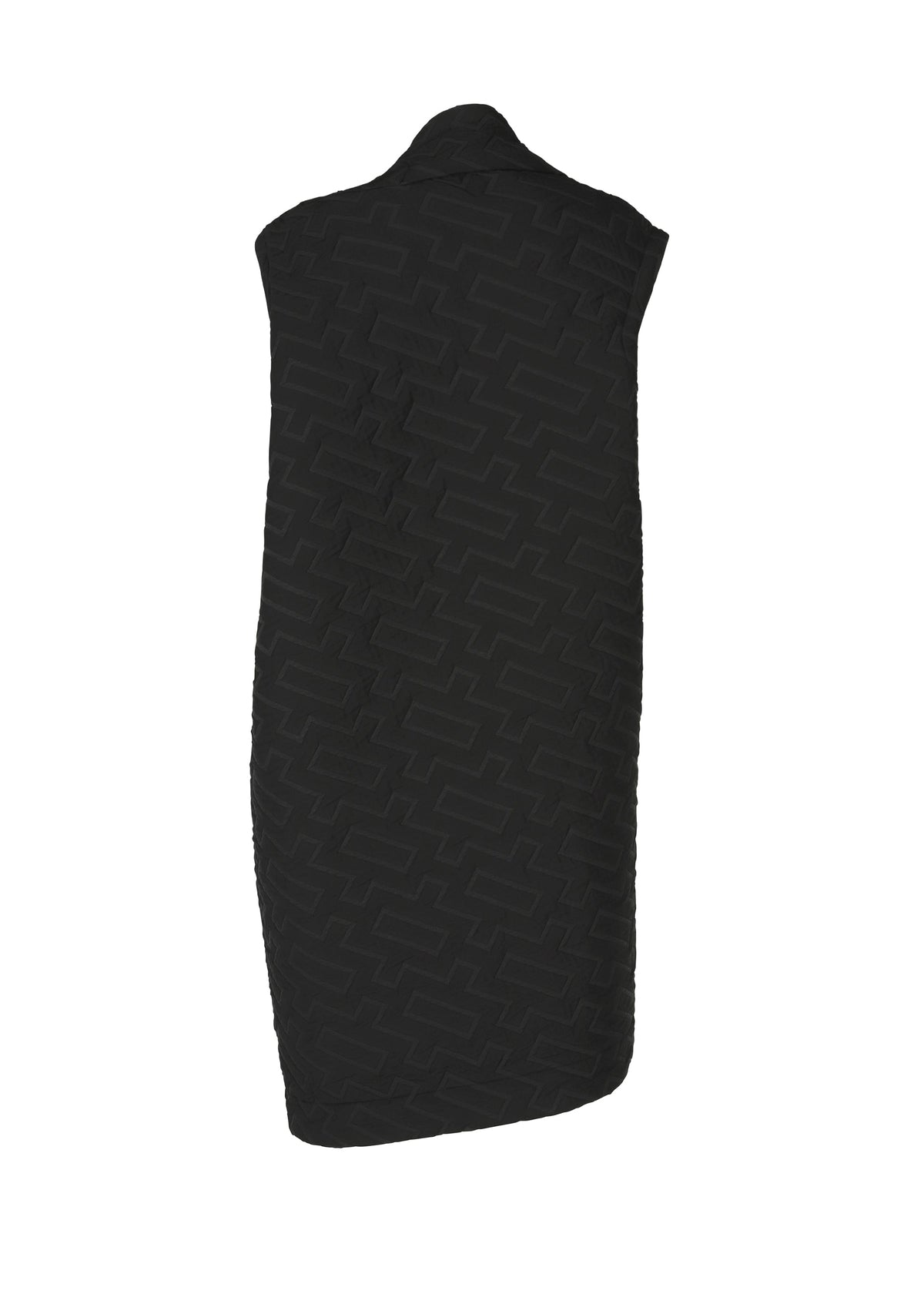 The ONE CLOTH PUFF by ISSEY MIYAKE ONLINE STORE is a sleeveless, knee-length black vest with a subtle geometric jacquard weave, displayed from the back against a white background. view 3 of 8